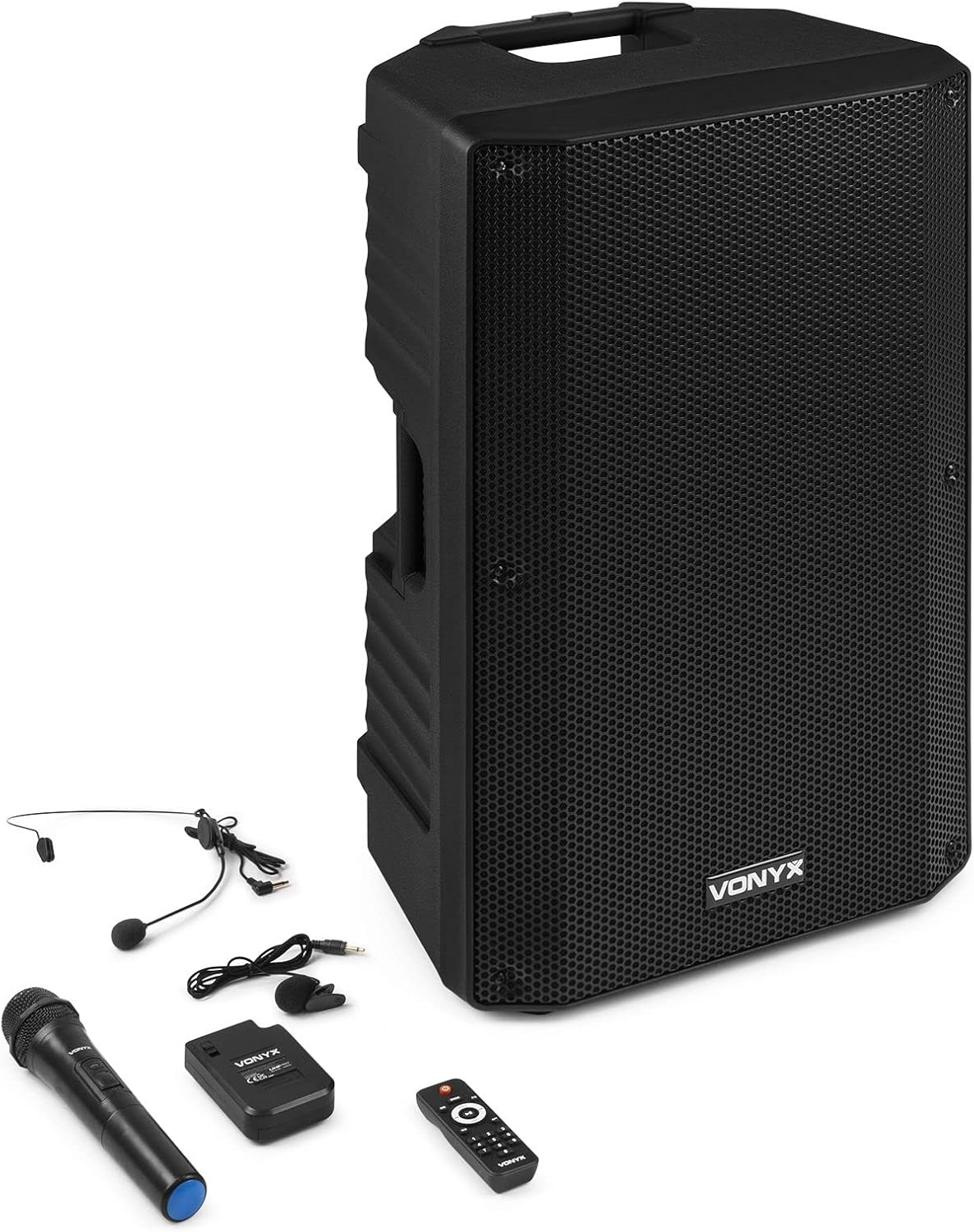 Vonyx VSA700-BP 15" Portable PA Active Speaker System, Big Bluetooth Speaker with Battery, Wireless Handheld and Headset Bodypack Microphones, Powered PA Speaker, Rechargeable Battery - 1000W