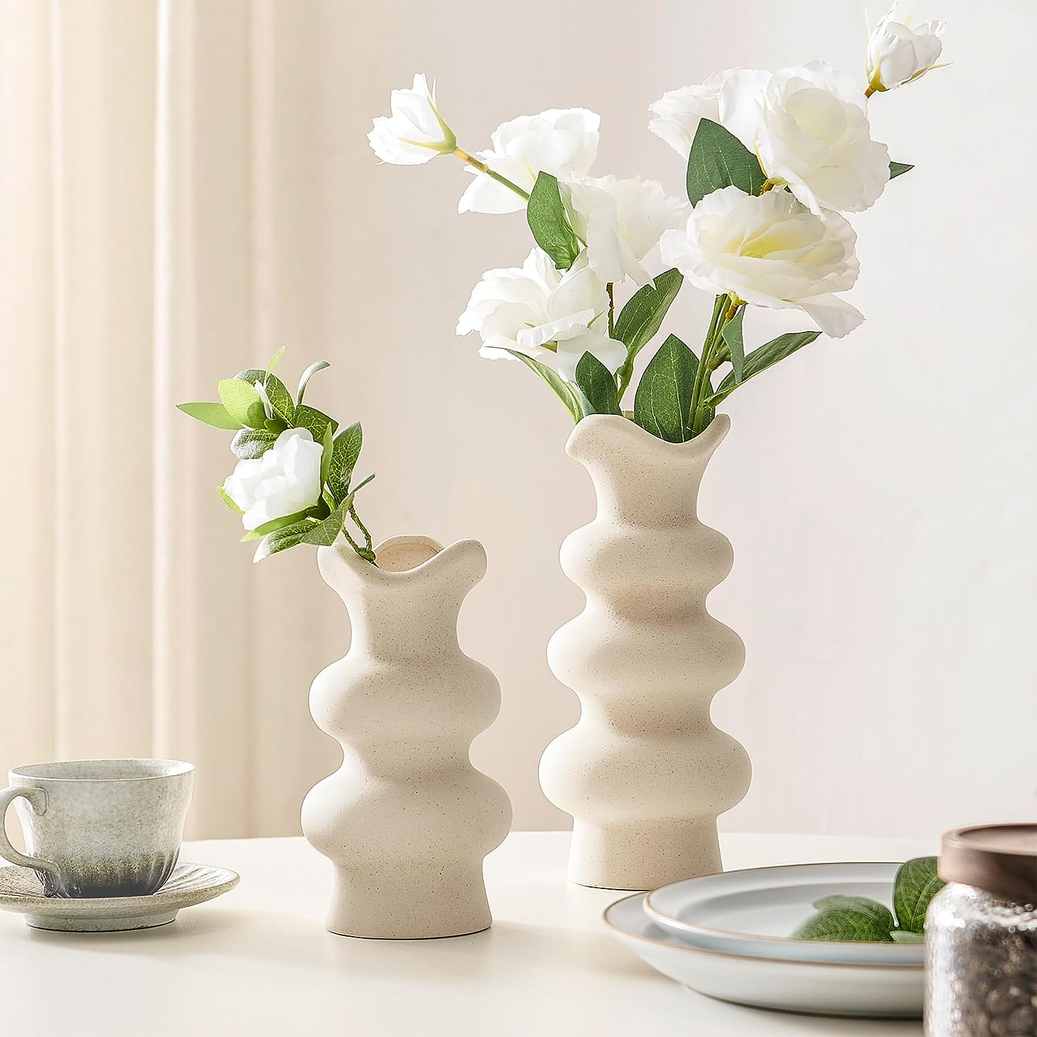 Modern Decorative White Ceramic Vases for Home Decor 8.3 Inch, Fall Minimalist Vase for Pampas Grass, Boho Flower Vase, Aesthetic Cream Vase image number 5