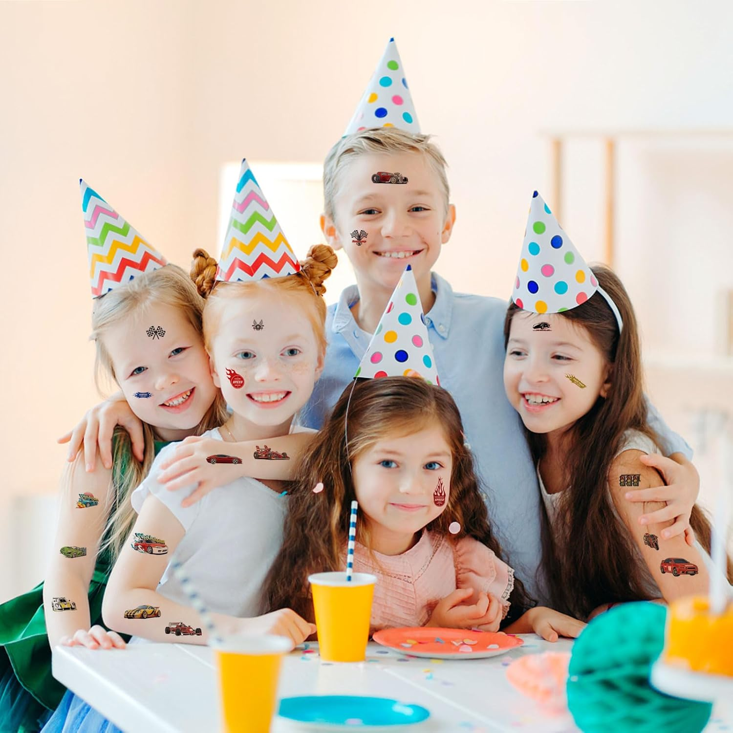 CCINEE 12 Sheets Monster Truck Temporary Tattoos for Kids,93 Pcs Luminous Groovy Racing Car Trophy Wheel Checkered Flag Tattoo Stickers for Birthday Party Supplies Classroom Rewards image number 3