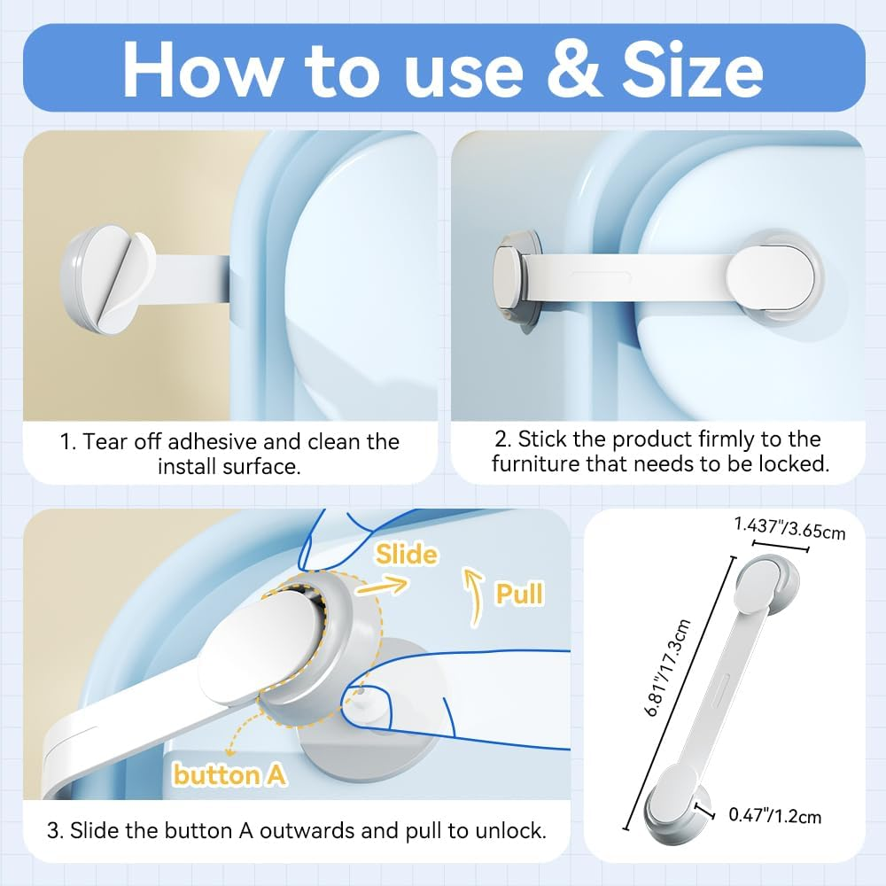 SAFELON 6 PCS Child Safety Locks, Cupboards Straps Locks, Baby Safety Drawer Locks, Childproof Locks for Cabinets, Kitchen, Toilets, Cupboard, Easy Install, No Tools Needed (White) - White image number 5