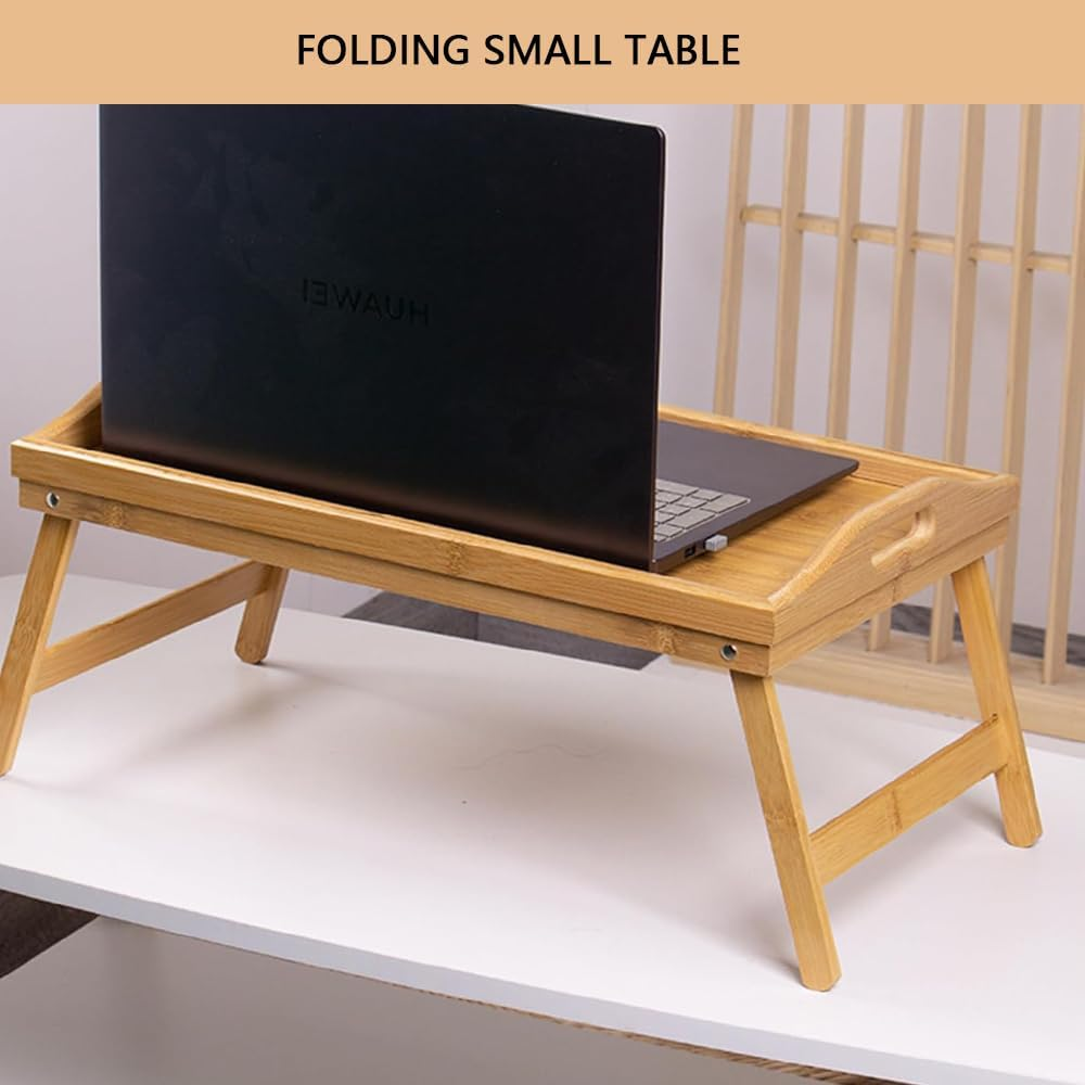Multifunctional Laptop Bed Desk with Foldable Legs - Portable Serving Tray for Snacks, Breakfast, or Work, Collapsible Lap Table for Home Office, Sofa, or Bed (Wood) image number 1