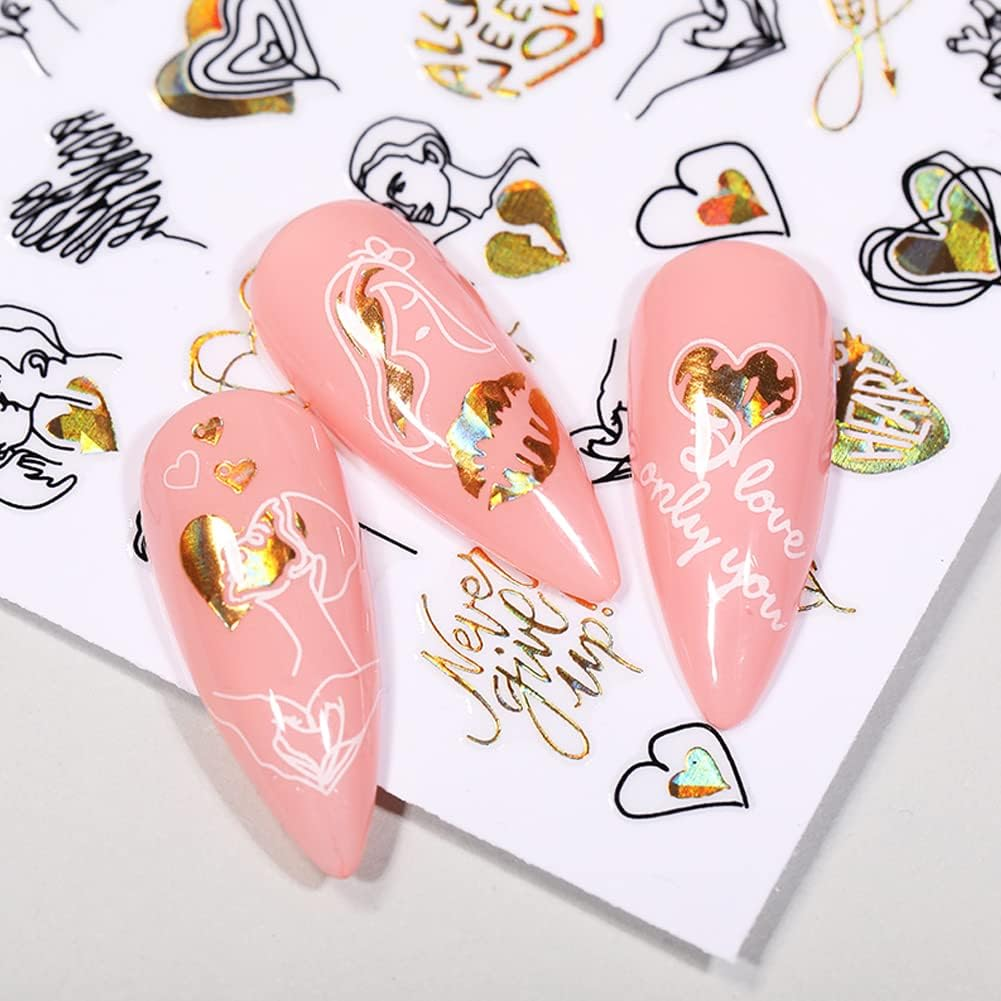 9 Sheets Valentines Day Nail Art Stickers 3D Metallic Black Gold Valentine'S Day Nail Decals Metal Abstract Nail Stickers Love Heart Kiss Rose Lips Designs for Valentines Nail Art Decorations image number 1