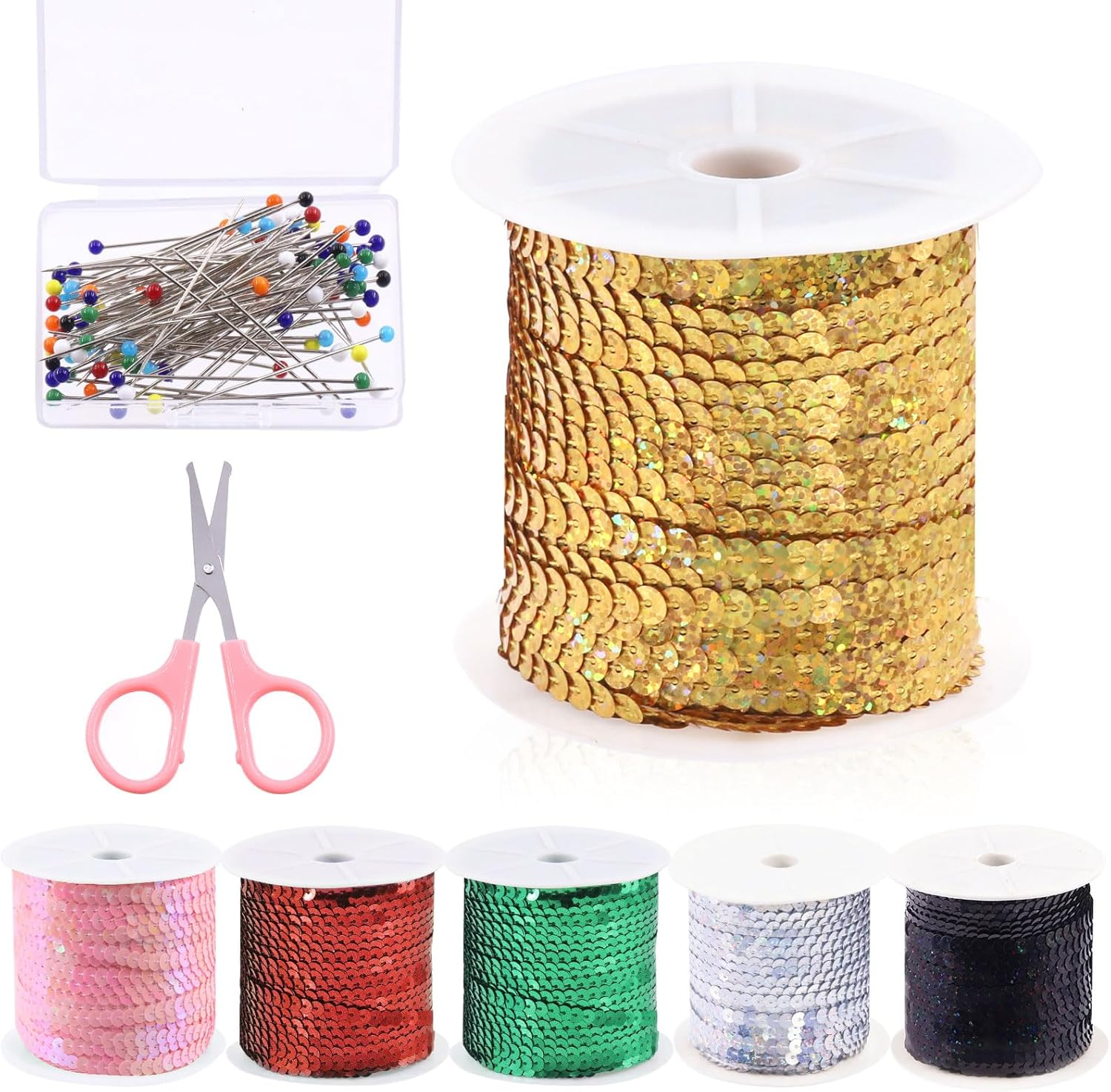 Swpeet 6Mm 100 Yard Black Flat Sequin Strip Teal Sequins Trim Paillette on a Roll and Map Push Pins with Scissors Assortment Kit, Fabric Metallic Stretch Teal Sequin Elastic Trim Embellishments