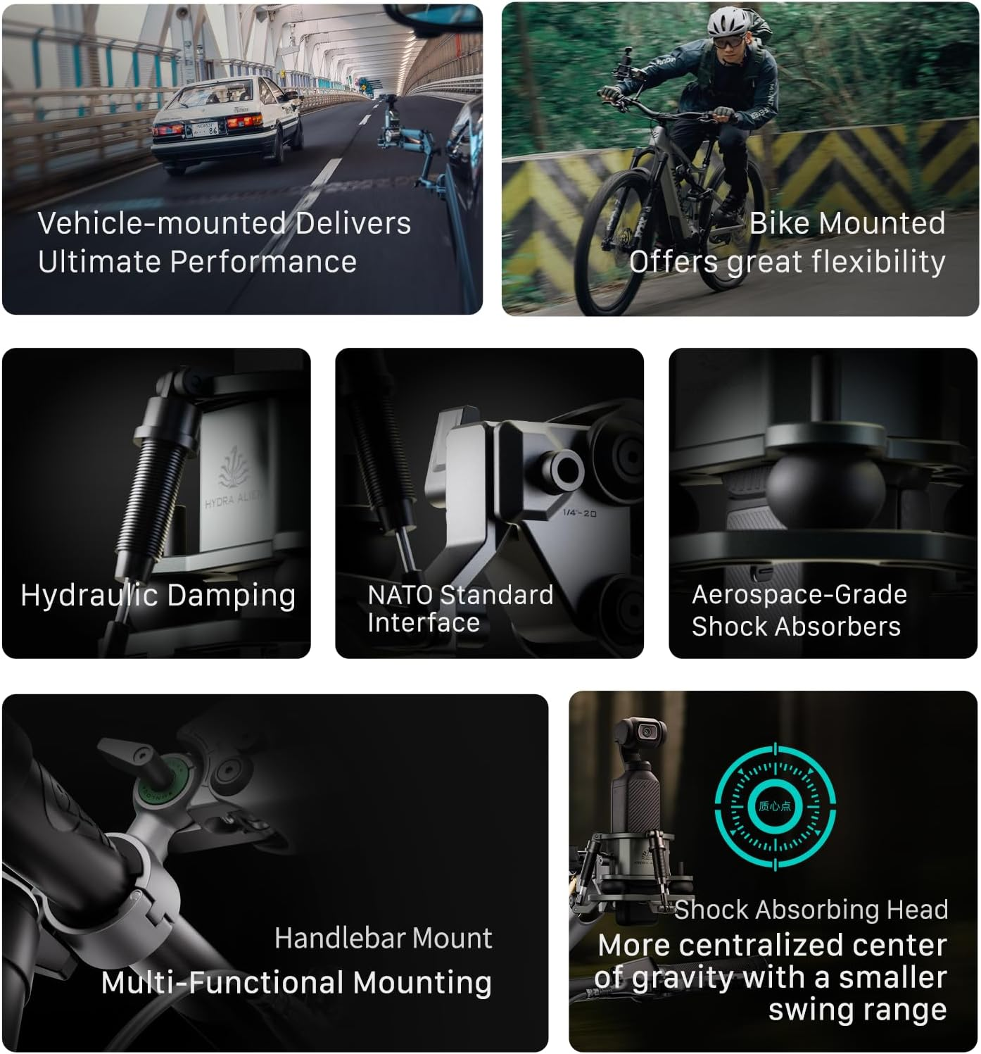 Tilta Hydra Alien Mini Biking Kit, Shock Absorbing Arm with Handlebar Mount, Pocket 3 Shock Absorbing Head - Titanium Grey HDA-T15-D-TG