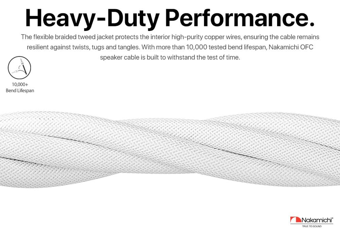 Nakamichi Excel Series 24K Gold Plated Banana Plugs with Speaker Cable Wire 99.9% Oxygen-Free Copper (OFC) Heavy Duty Braided for Amplifier Hi-Fi Home Theatre - White (12 AWG / 10 Feet / 3.0M)