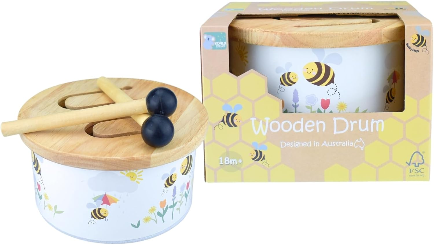 Koala Dream - Buzzy Days BEE Wooden Drum-Musical Instrument for Kids/Toddlers image number 2