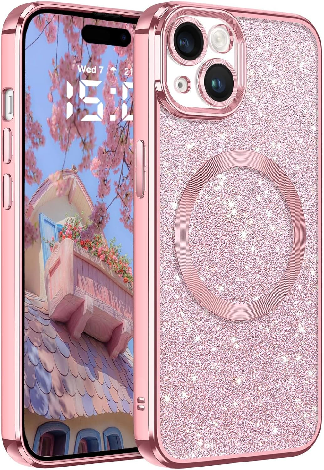 Glitter for Iphone 15 Case, Cute Bling Phone Case Iphone 15 6.1" [Compatible with Magsafe] Luxury Sparkle Shockproof Slim Full Body Protective Phone Cases Covers for Women and Girls, Pink image number 6