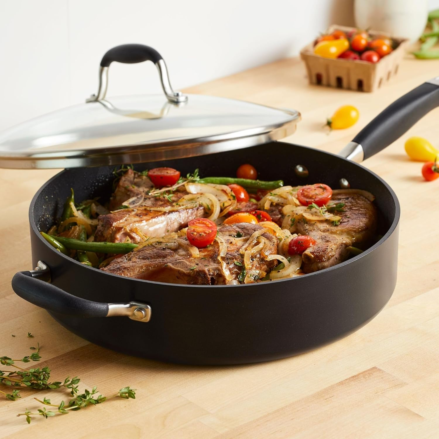 Anolon Advanced Home Non Stick 30Cm/4.98L Covered Saute Pan with Helper Handle, Frying Pan, Pots and Pans, Oven Safe, Onyx with Lid