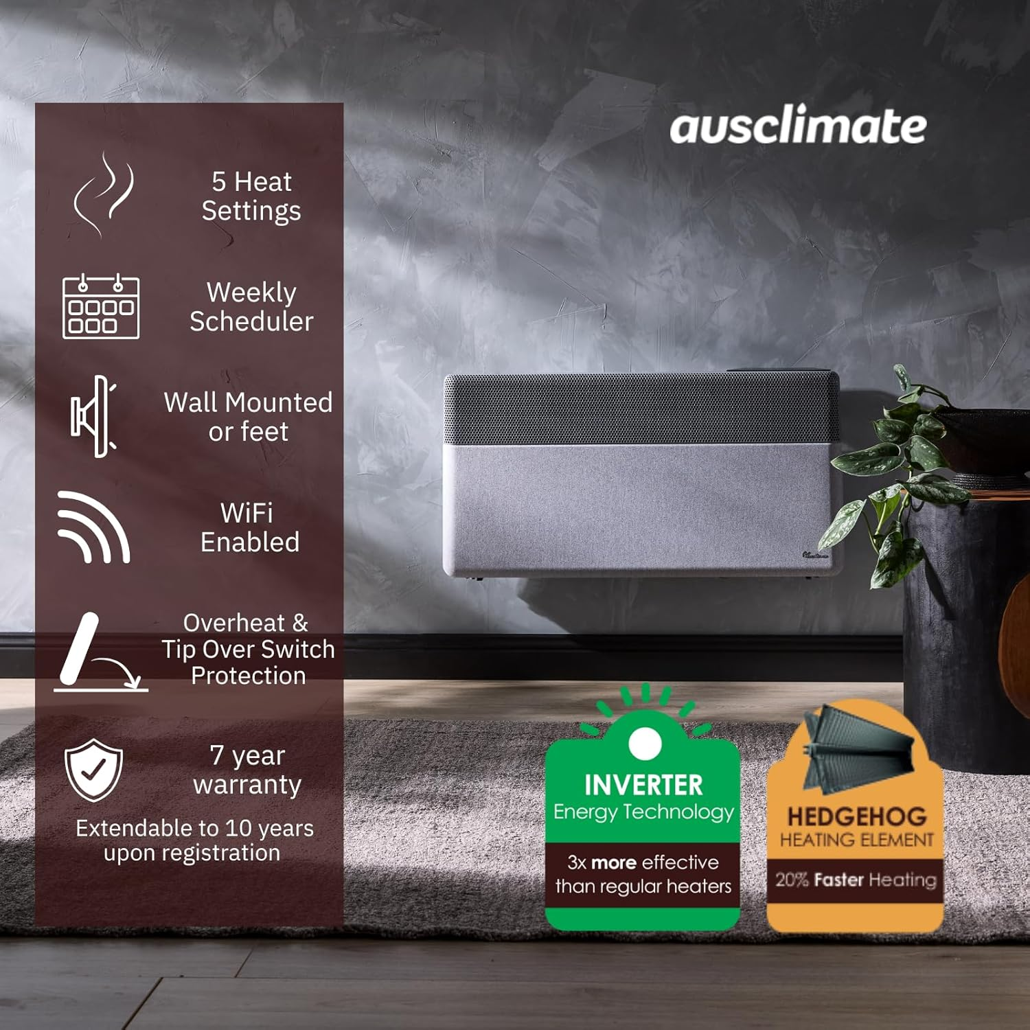 Ausclimate 1500W Smart Inverter Metal Panel Heater, Wall Mountable Home Heater Suitable for Medium-Sized Rooms up to 20M2, Compatible with Alexa and Google Home, Stone Grey image number 5