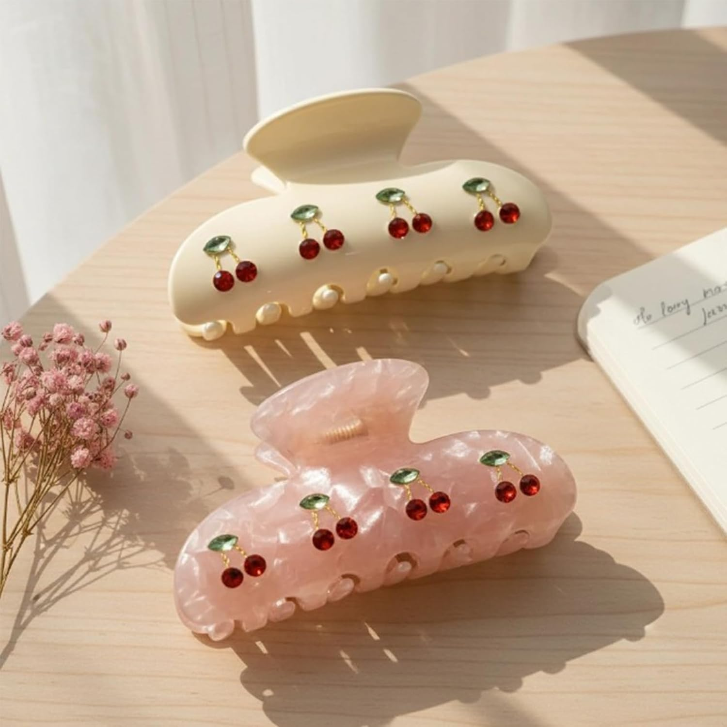 Set of 2 Hair Clips for Women, Hair Clip with Cherry, Hair Clips for Women, Acrylic Hair Clips Design with Rhinestones and Leaf Motifs for Medium Thick Medium Hair image number 5