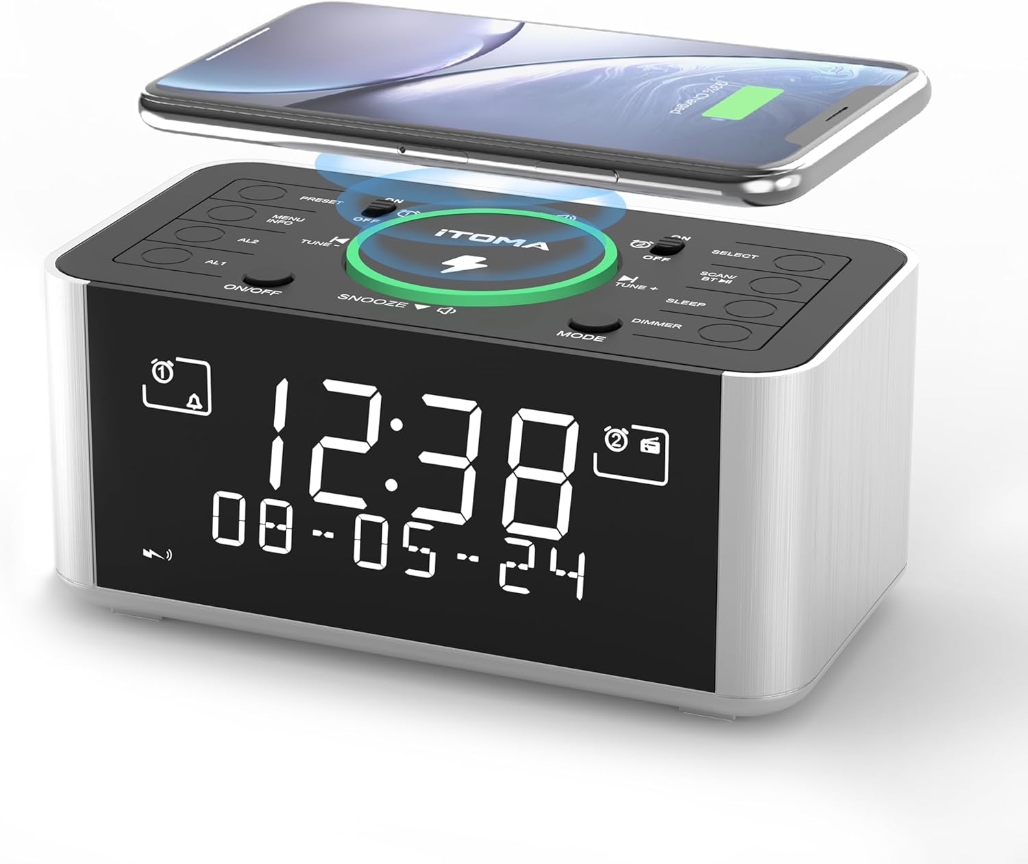 Alarm Clock Radio with 5W Wireless Charging, Snooze,Bluetooth, Dual Alarm, 1.4'' LED Display, Dimmer, USB Charging Clock for Bedside Itoma 206