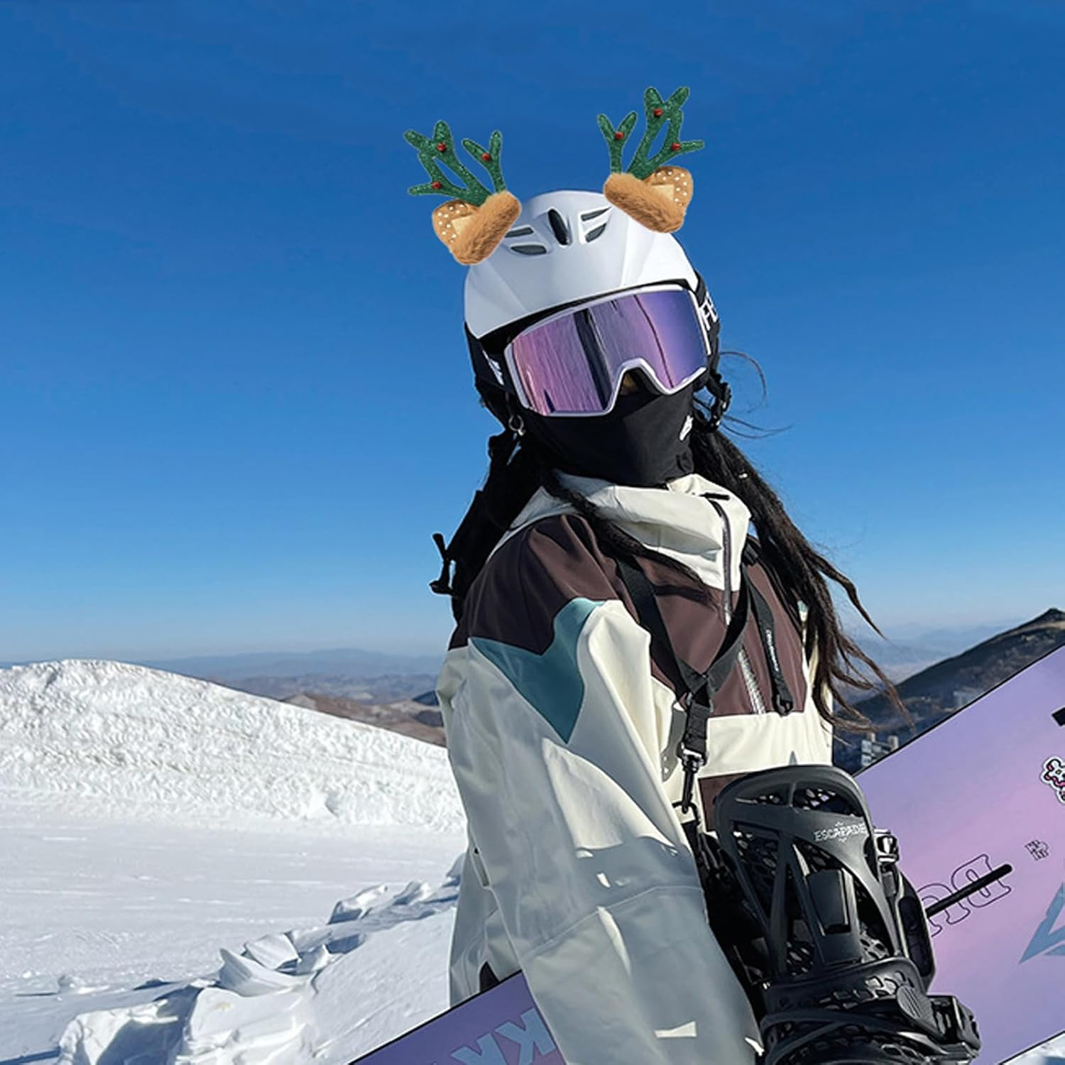 1 Pair Christmas Antler Motocycle Helmet Decor with Sticker Plush Fuzzy Cute Deer Ear Ski Helmet Accessory Decoration