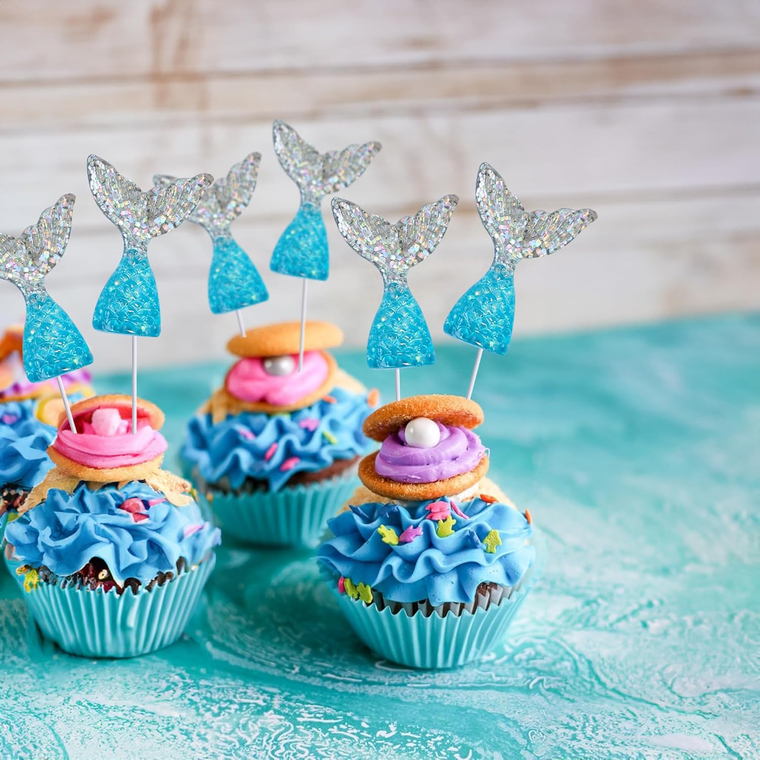 Ephlyn 24Pcs Acrylic Mermaid Tails Cupcake Toppers Mini Wrappers Mermaid Tail Figurines Cake Decorations for Mermaid Party Birthday Party Baby Shower Party Supplies Favors Blue Silver image number 1