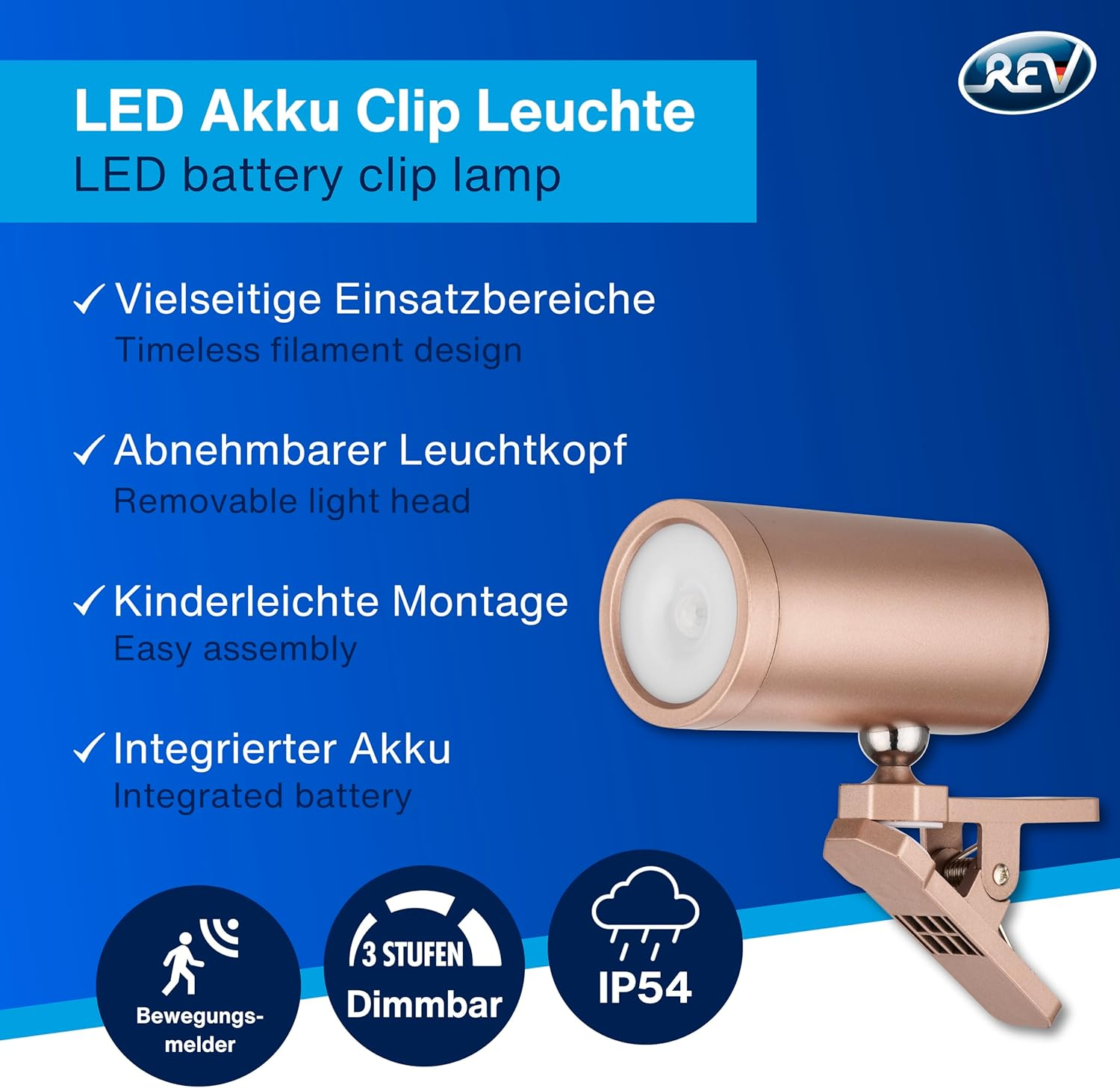 REV LED Wall Light with Battery and Motion Sensor, 180 Lm, Wireless, Dimmable, 360&deg; Rotatable, Path Light to Take with You - Ideal for Camping, Garage & Basement, IP54, Copper image number 6