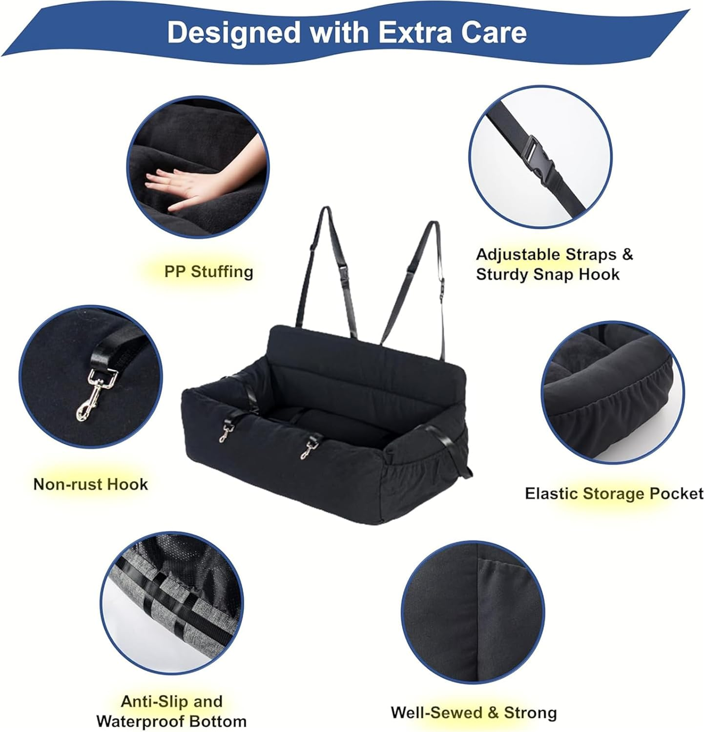 Dog Car Seat Dog Travel Car Carrier Bed with Side Pocket Storage for Cars on Travel with Safety Belt and Removable Cushion for Medium and Large Dogs image number 3