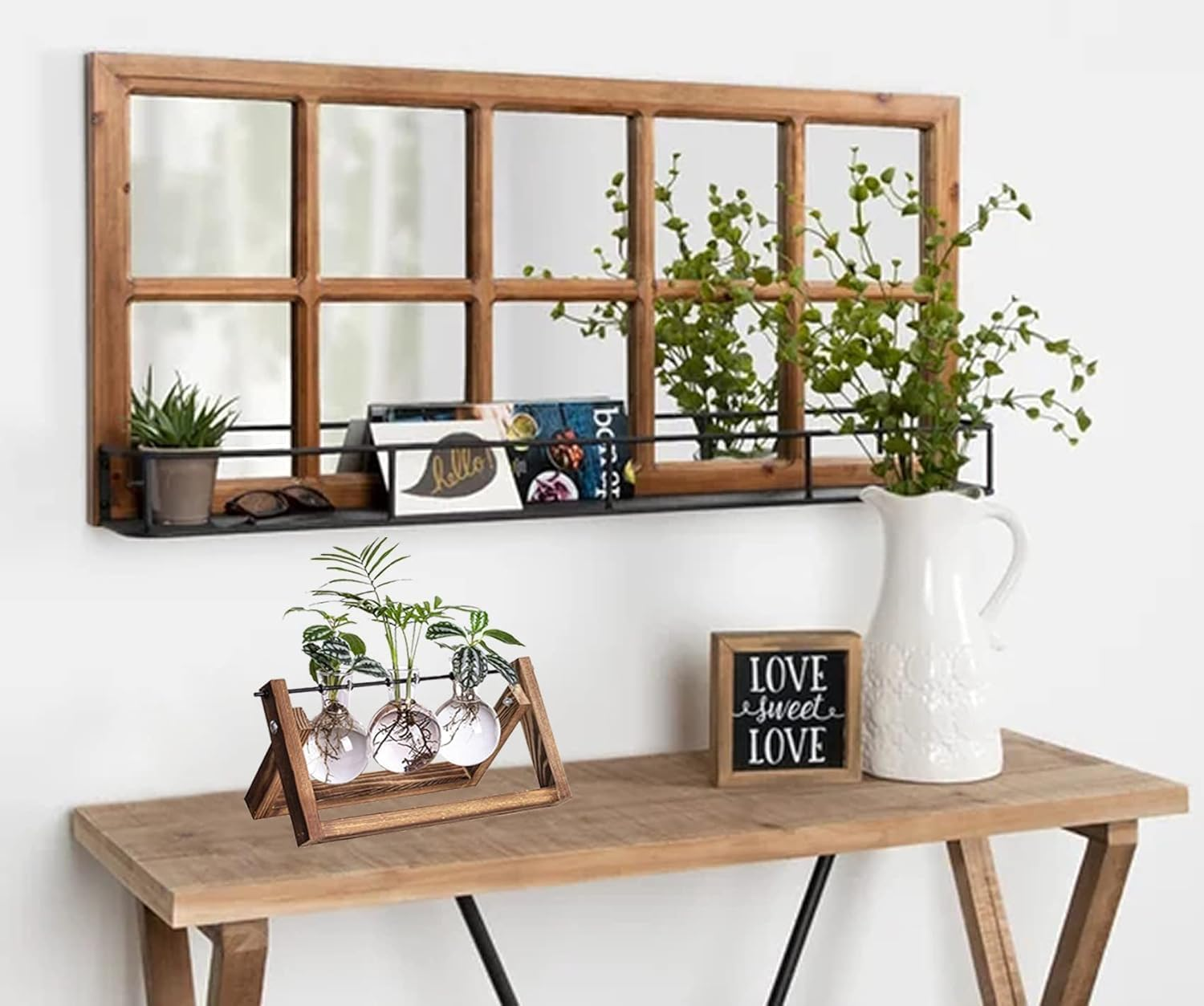 Cozioz Retro Wooden Stand Plant Propagation Station with 3 Glass Vases &ndash; Desktop Terrarium Planter for Hydroponics, Ideal for Indoor Office, Home Decor, and Gifts for Plant Lovers image number 3