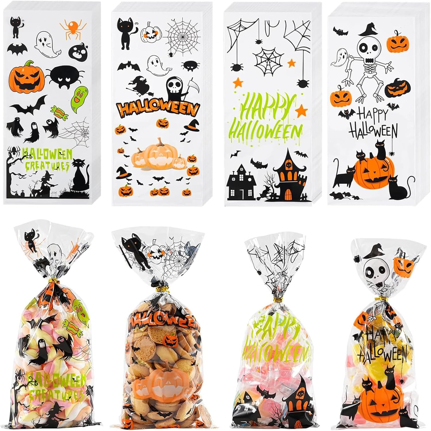 Halloween Cellophane Treat Bags, 100Pcs Halloween Plastic Clear Candy Bags with 100Pcs Twists for Snacks Cookies Packing
