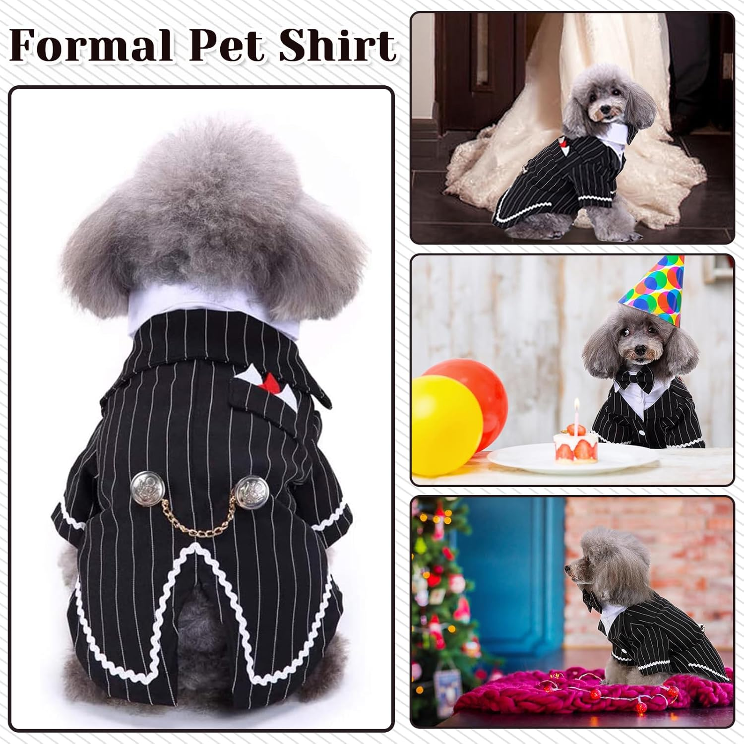 DENTRUN Dog Tuxedo Suit with Bow Tie - Formal Black & White Striped Pet Costume Shirt, Elegant Wedding Outfit Birthday Party Attire for Chihuahua Yorkie Shih Tzu Pomeranian Small Dogs, S