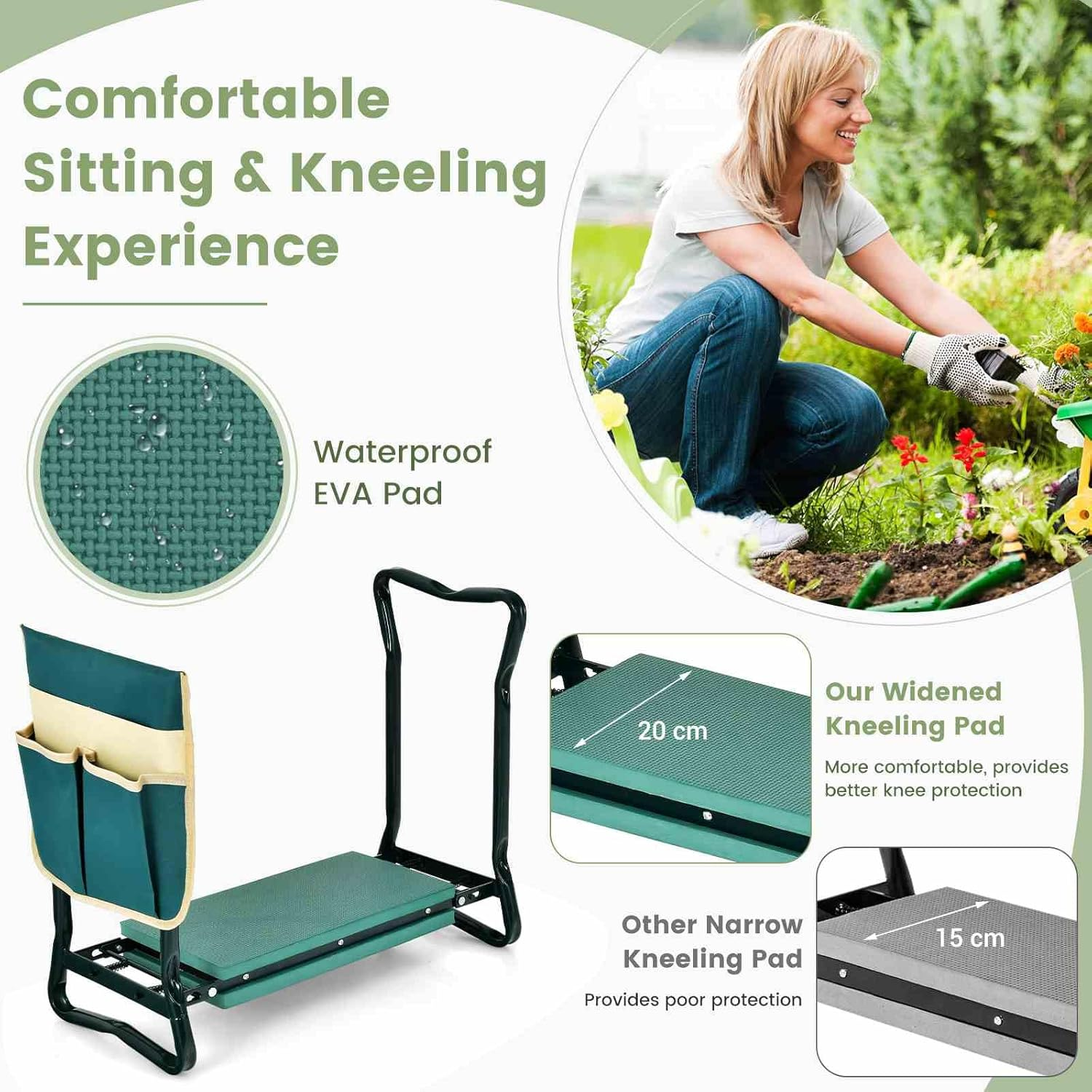 Costway 2-In-1 Garden Kneeler & Seat, Portable & Foldable Garden Tool for Kneeling & Sitting, Heavy-Duty Garden Bench W/Large Tool Pouch, Wide Kneeling Pad for Women Men Seniors image number 6