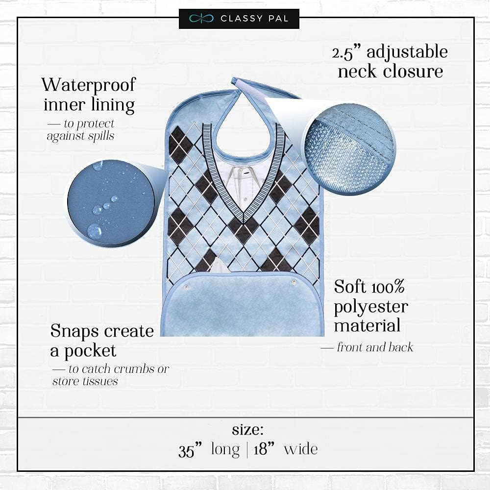 Adult Bib for Men with Embroidered Design. Waterproof, Reusable & Washable - Argyle Sweater image number 1