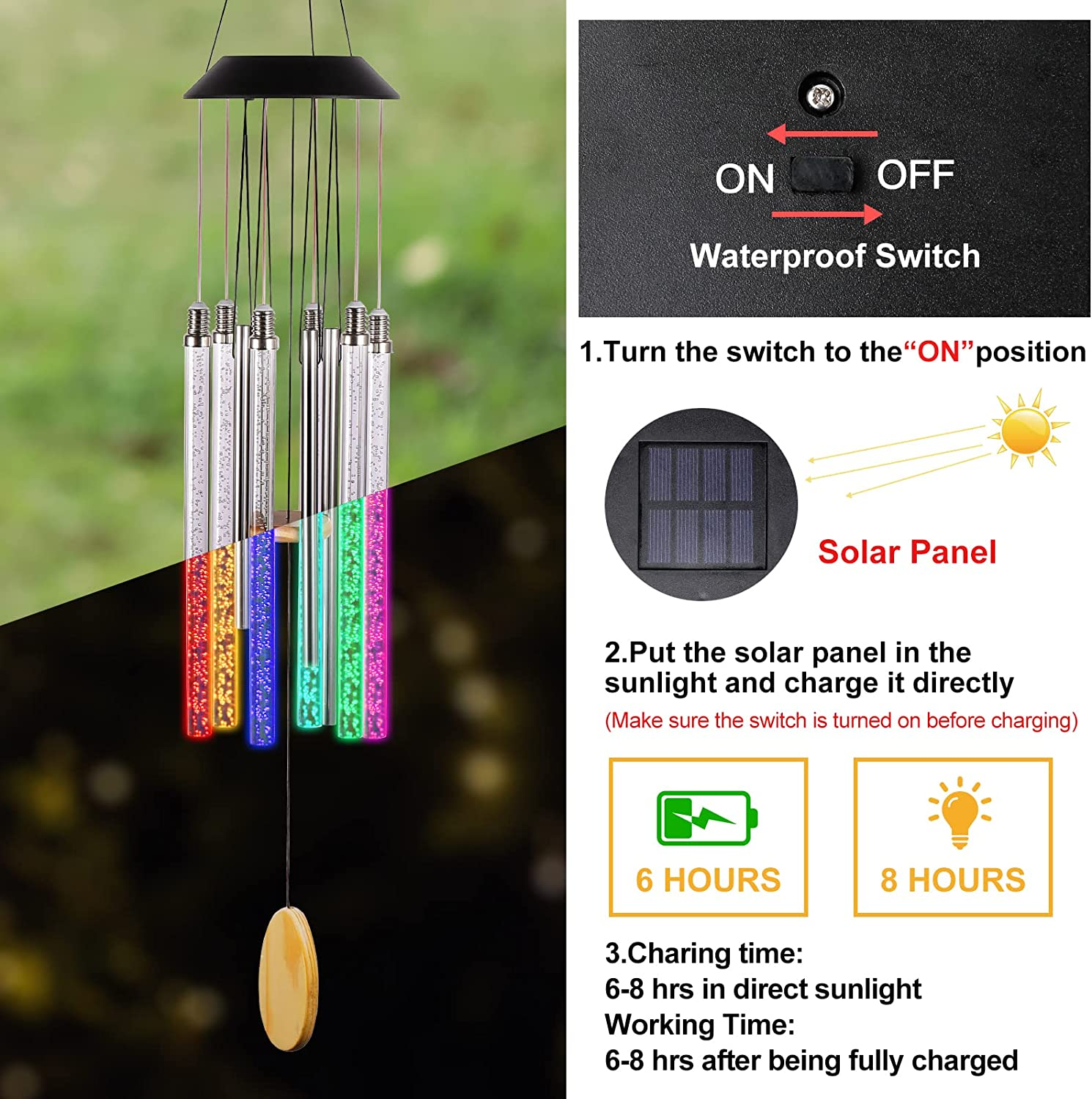 Solar Wind Chimes for Outside, Desgully 6 LED Tubes Color Changing Outdoor Clearance Unique Garden Decor Colorful Patio, Gifts for Her/Him (37" Long) image number 4