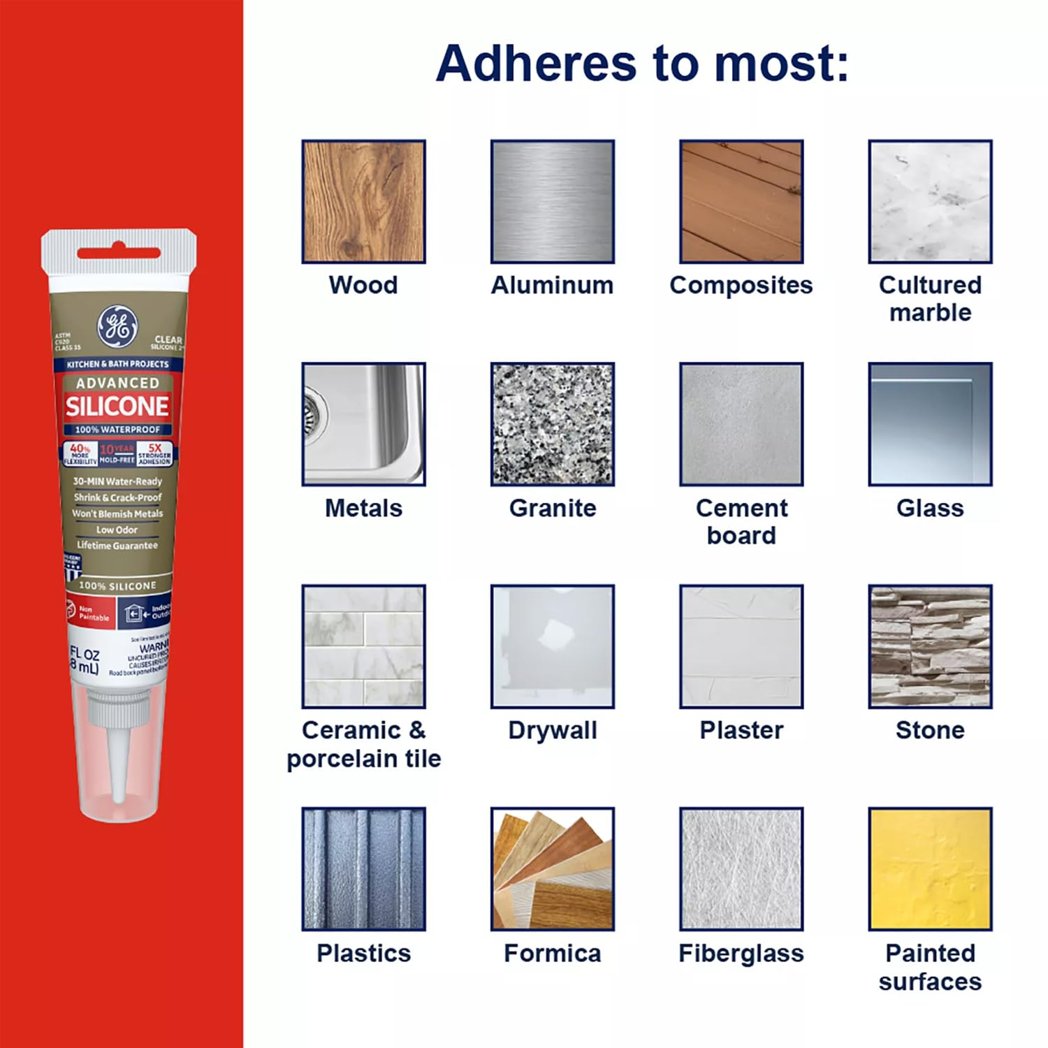 GE Advanced Silicone Caulk for Kitchen & Bathroom - 100% Waterproof Silicone Sealant, 5X Stronger Adhesion, Shrink & Crack Proof - 2.8 Fl Oz Tube, White, 1 Pack image number 2