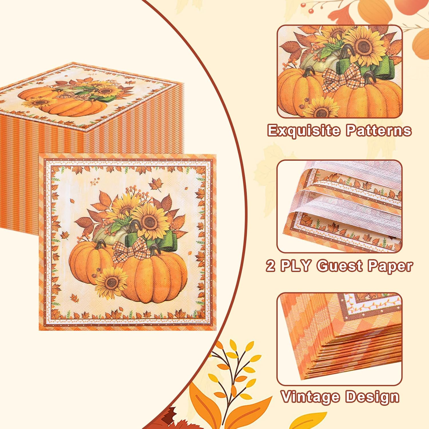 50 Count Thanksgiving Napkins &ndash; Fall Pumpkin and Sunflower Disposable Paper Napkins for Harvest Table Decor, Autumn Dinner Parties, and Seasonal Entertaining image number 3