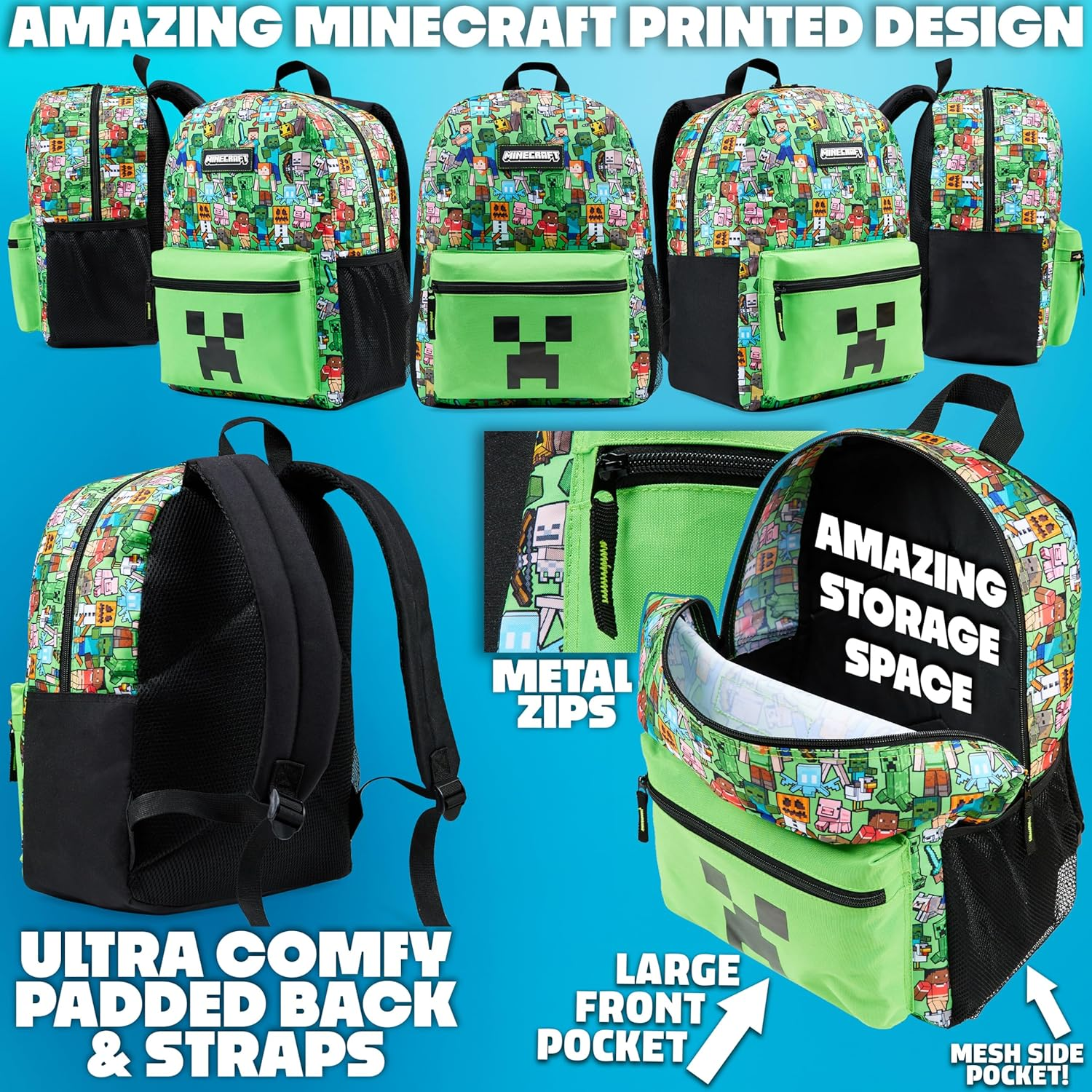 Minecraft Backpack Set 5 Pcs Water Bottle Insulated Lunch Bag Pencil Case Drawstring Bag or Lanyard Keyring School Supplies, Green AOP, Set of 5, Backpack Set 5 Pcs image number 3