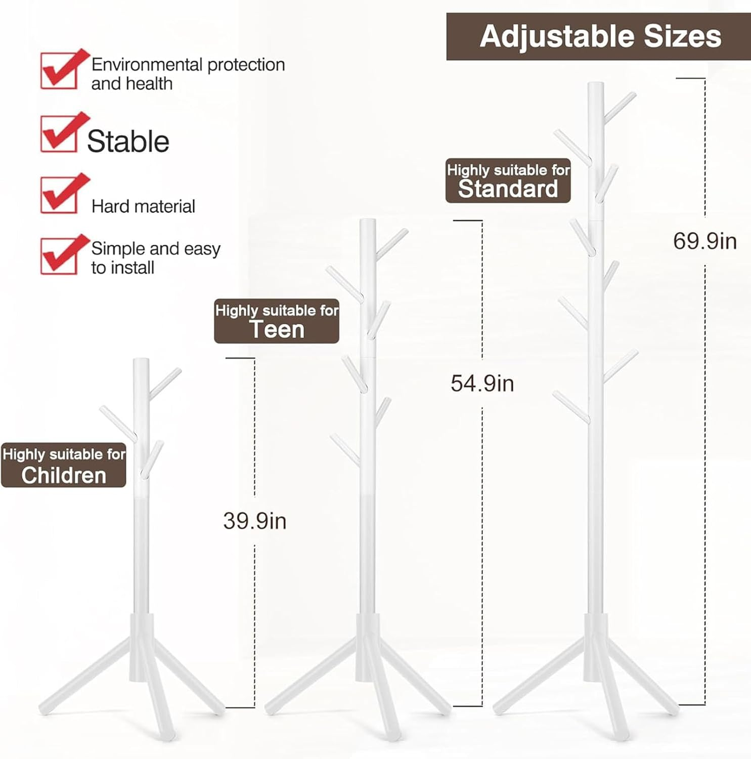 Uandhome Coat Racks Free Standing, Sturdy Wooden Coat Tree with 8 Hooks and Adjustable Size Coat Hanger Standing Tree for Coats, Hats, Scarves and Handbags for Entryway, Hallway, Bedroom, Office
