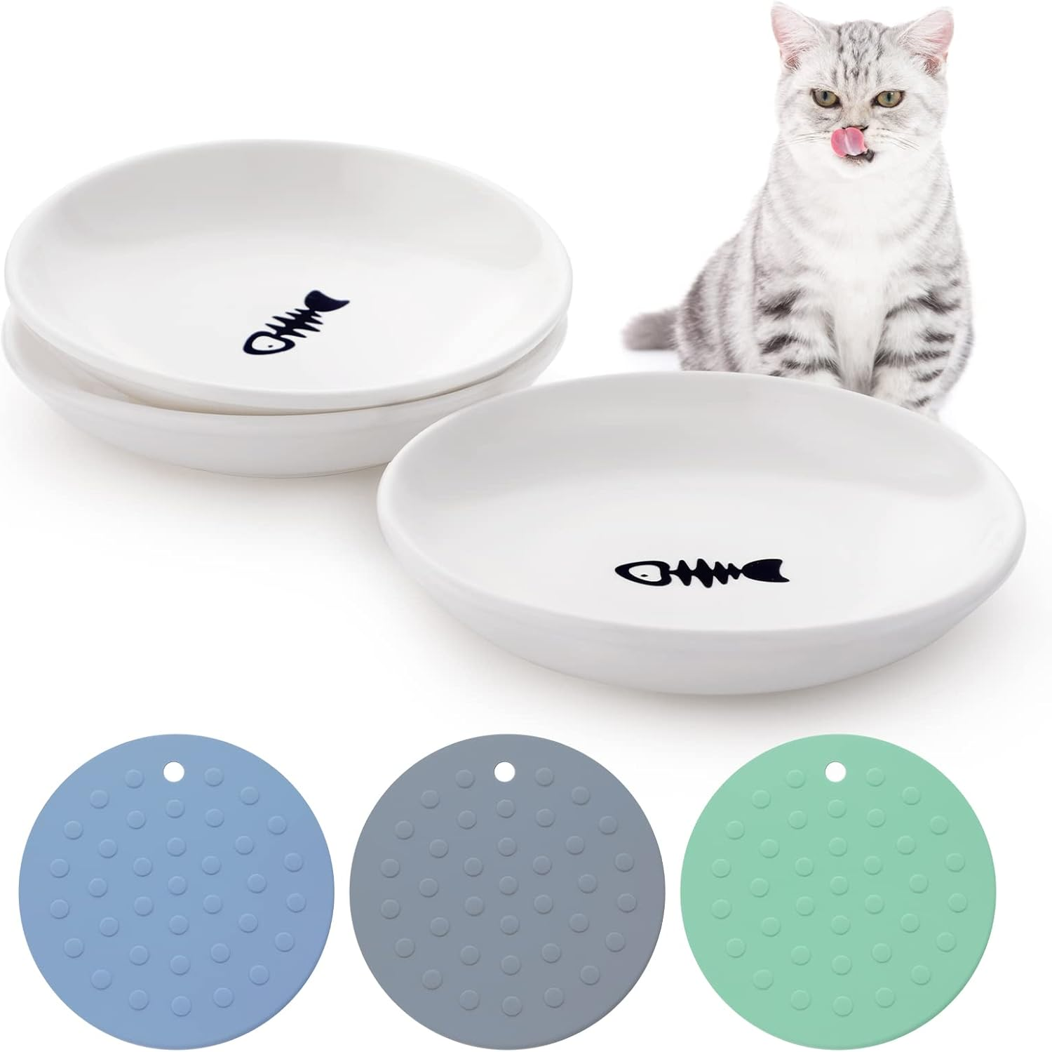 Dorakitten Ceramic Cat Food Plates for Wet Food, Wide Bowls to Stress Relief of Whisker Fatigue Cat Dishes, Shallow Bowls for Kittens and Small Animals with Non-Slip Mat