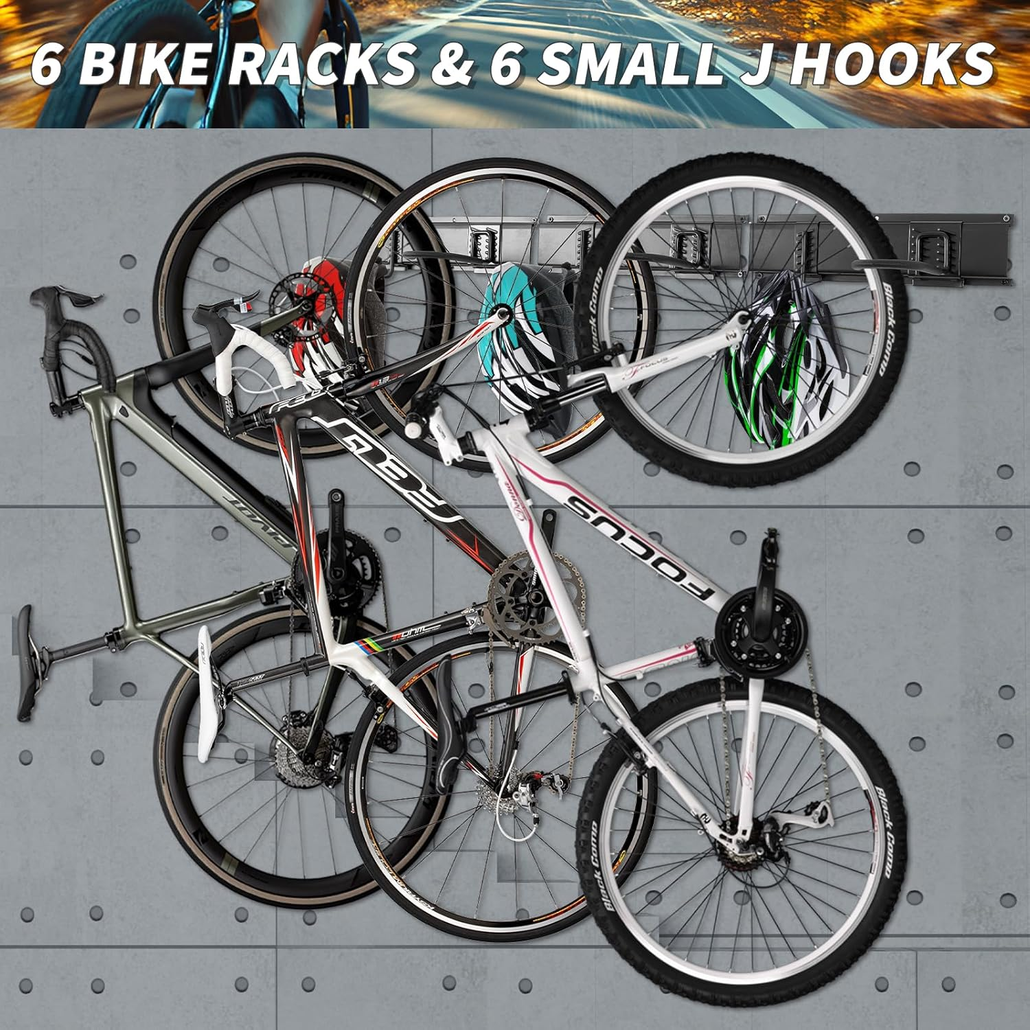 PYBTOOL Bike Storage Rack, Garage Bike Rack Wall Mount, 6 Bike Racks and 6 Helmets Hooks, Max Capacity 600Lbs, 64-Inch image number 4