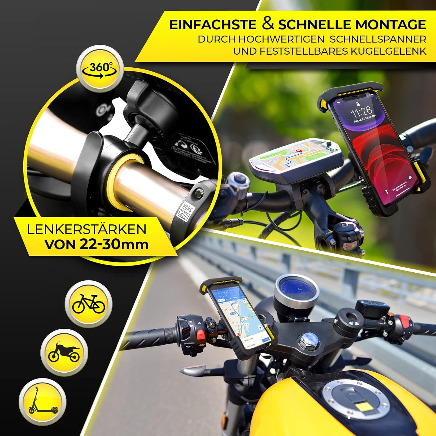 Dunlop Automotive Mobile Phone Holder Bicycle Motorcycle Holder - Secure Universal Mobile Phone for Iphone 13 Pro Max Mini 12 Smartphone from 4, 7-6, 8 Inches - 360 Degrees Anti-Shake + Scratch image number 3