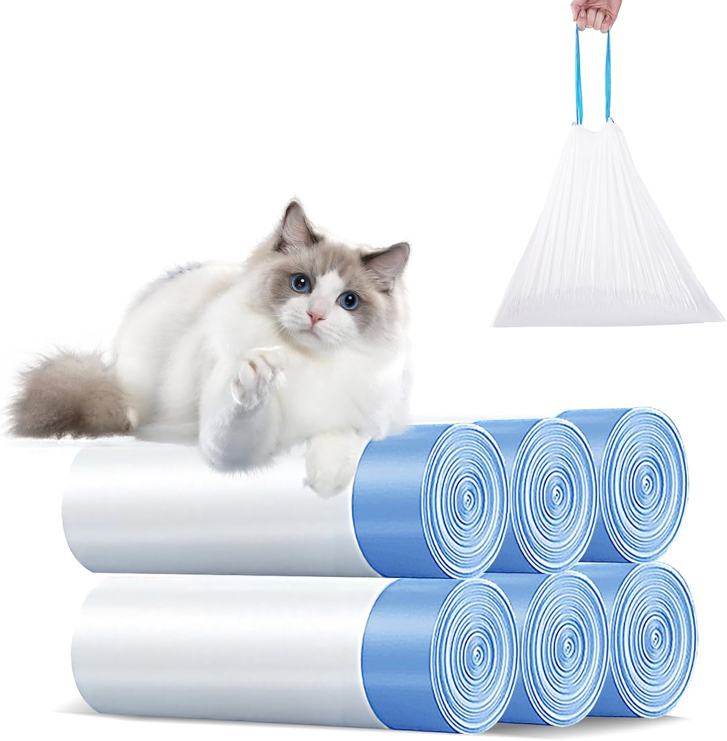 Tafoyu Cat Litter Box Bags with Drawstrings, Bin Bags with Carry Handle, Self-Cleaning Cat Litter Box, Rubbish Bags, Scratch-Resistant for Pets, Cats, Dogs, Poop Cat Litter, 6 Rolls/90 Pieces image number 3