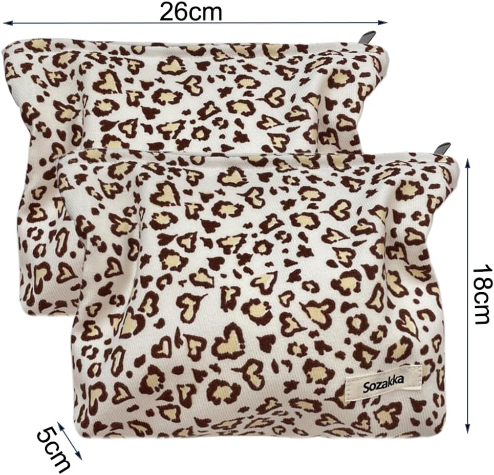 Tcdwla Cosmetic Bag, Pack of 2 Make-Up Bag, Toiletry Bag, Corduroy Small Women, Pencil Pouch, Aesthetic School Stuff for School, Travel, Business, Shopping, Hiking, Beige 1, Leopard Tattoo image number 2