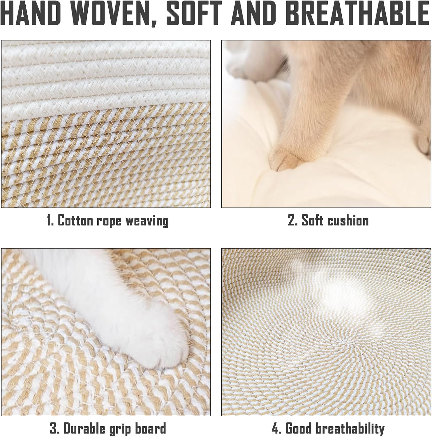 Yushengtai round Cat Bed, 50 Cm, Hand-Woven Basket Made of Cotton Ropes with Soft Cushion, Breathable and Washable for All Seasons, Ideal for Cats and Small Dogs, Beige image number 4