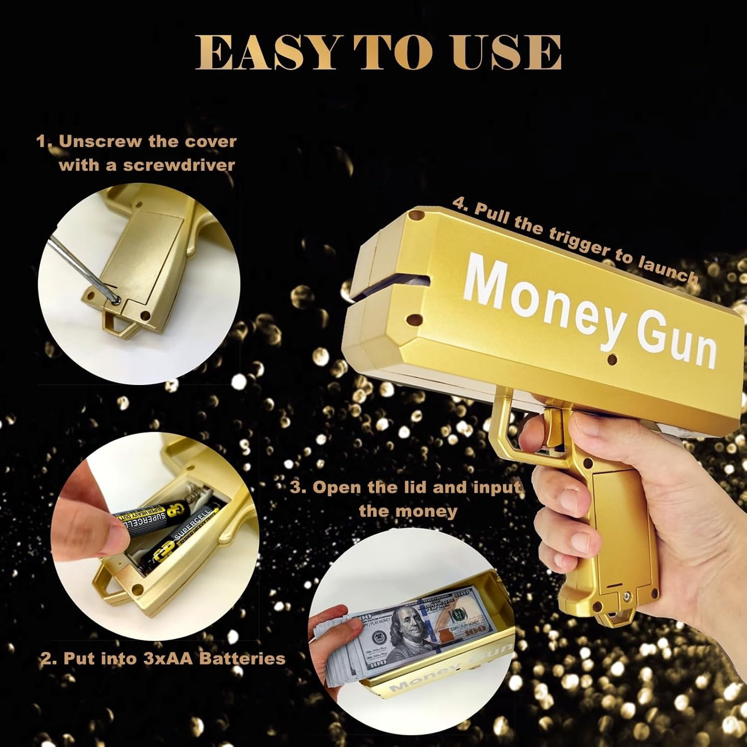 Super Money Gun Shooter,Make It Rain Cash Guns Prop Bill Dispenser Moneys Shooter with 100 Pcs Prop Money (Gold)