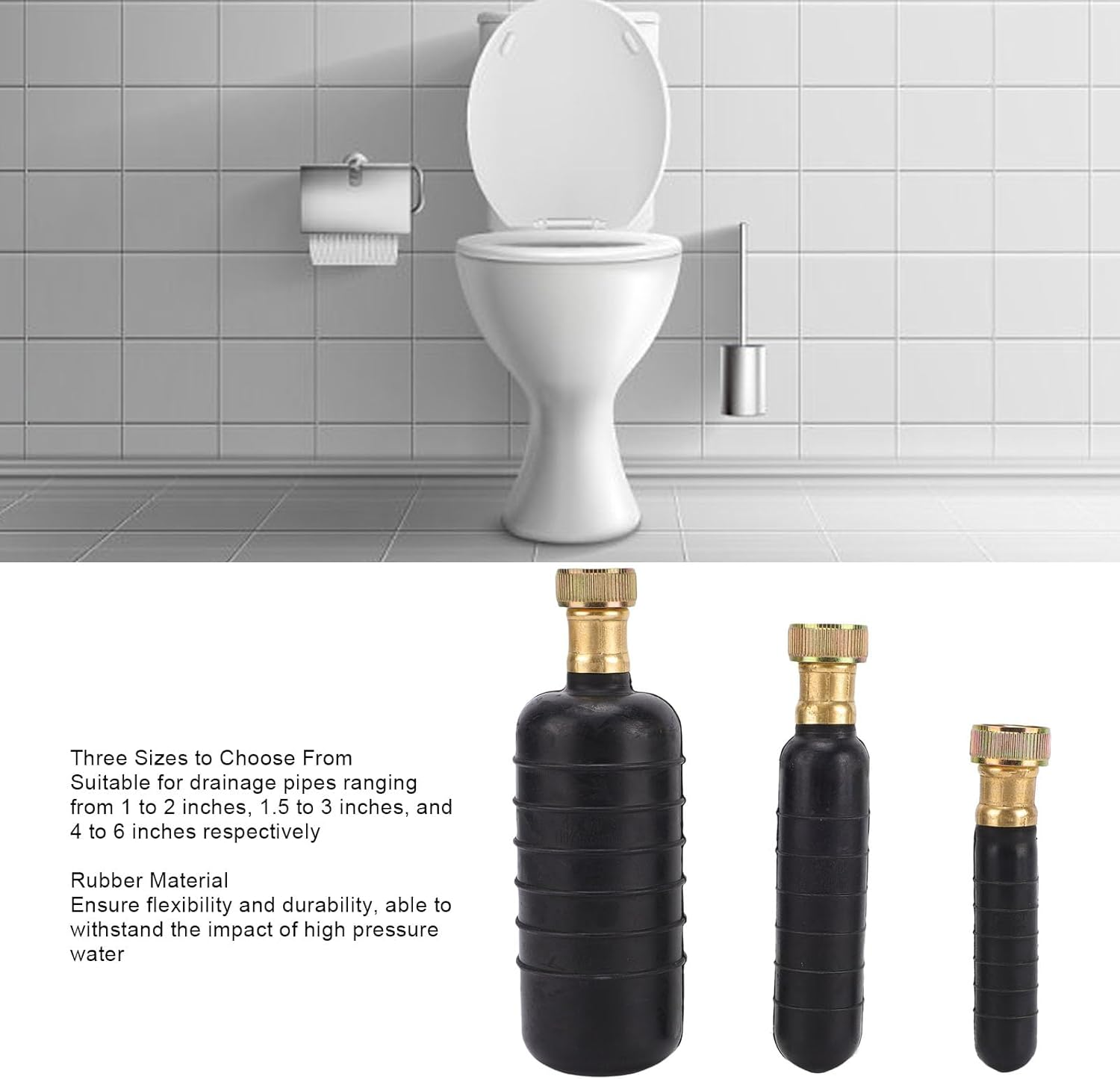 Dpofirs 3 Pcs Drain Bladder Kit, Rubber Plumbing Unclogger for 1-6 Inch Pipes, High Pressure Drain Cleaning Bladder with Stainless Steel Connector for Sink, Tub,Shower image number 4