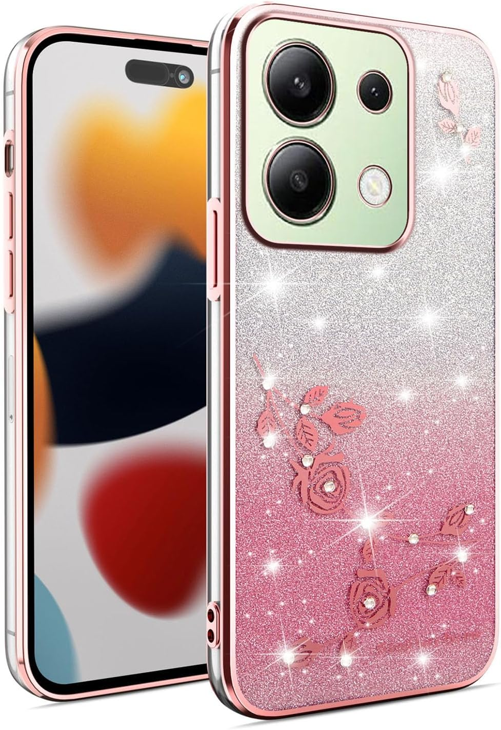 ILING Girls Case for Xiaomi Redmi Note 13 4G, Bling Gradient Color Back + Elegant Rose Pattern + Glitter Rhinestones Inlaid, Ultra Thin Soft Silicone TPU Shockproof Cover (Purple)