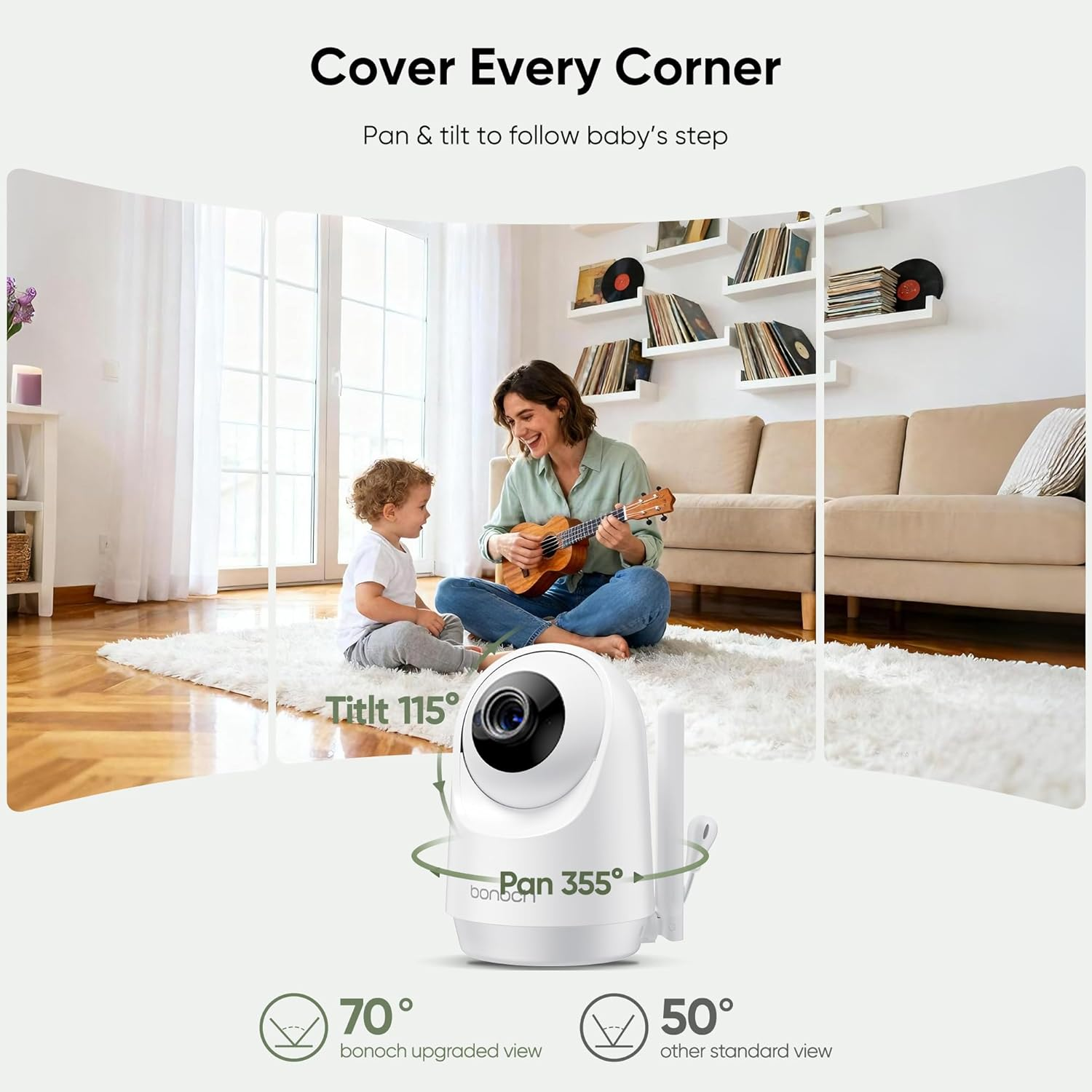 Bonoch 7" 1080P Baby Monitor with Camera and Night Vision, Video Baby Camera Monitor No Wifi with 6000Mah Battery, 2-Way Talk, Temperature, Hack Proof, Remote PTZ, 3 White Noise & 5 Lullabies image number 5