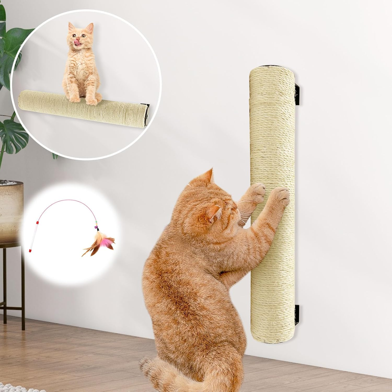 Apatal Wall Mounted Scratching Post for Cats 16 Inches Sisal Rope Cat Wall Scratcher Posts Wall Mount Cat Furniture for Indoor Kittty to Scratch and Climbing with Feather Toys image number 5