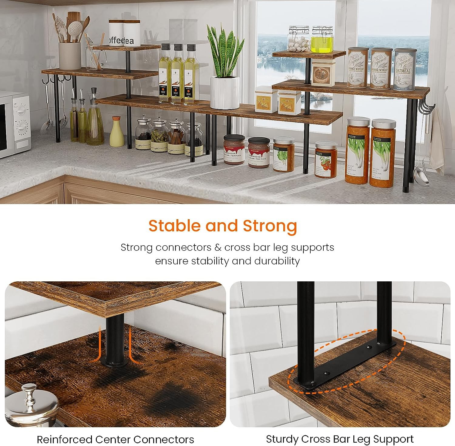 Homode Kitchen Countertop Organizer Corner Shelf, Bathroom Counter Organizer, 3 Tier Counter Shelf Space Saving Organization for Kitchen Counter, Spice Rack, Coffee Bar, over Sink, Rustic Brown - Rustic Grey, With Hooks image number 2