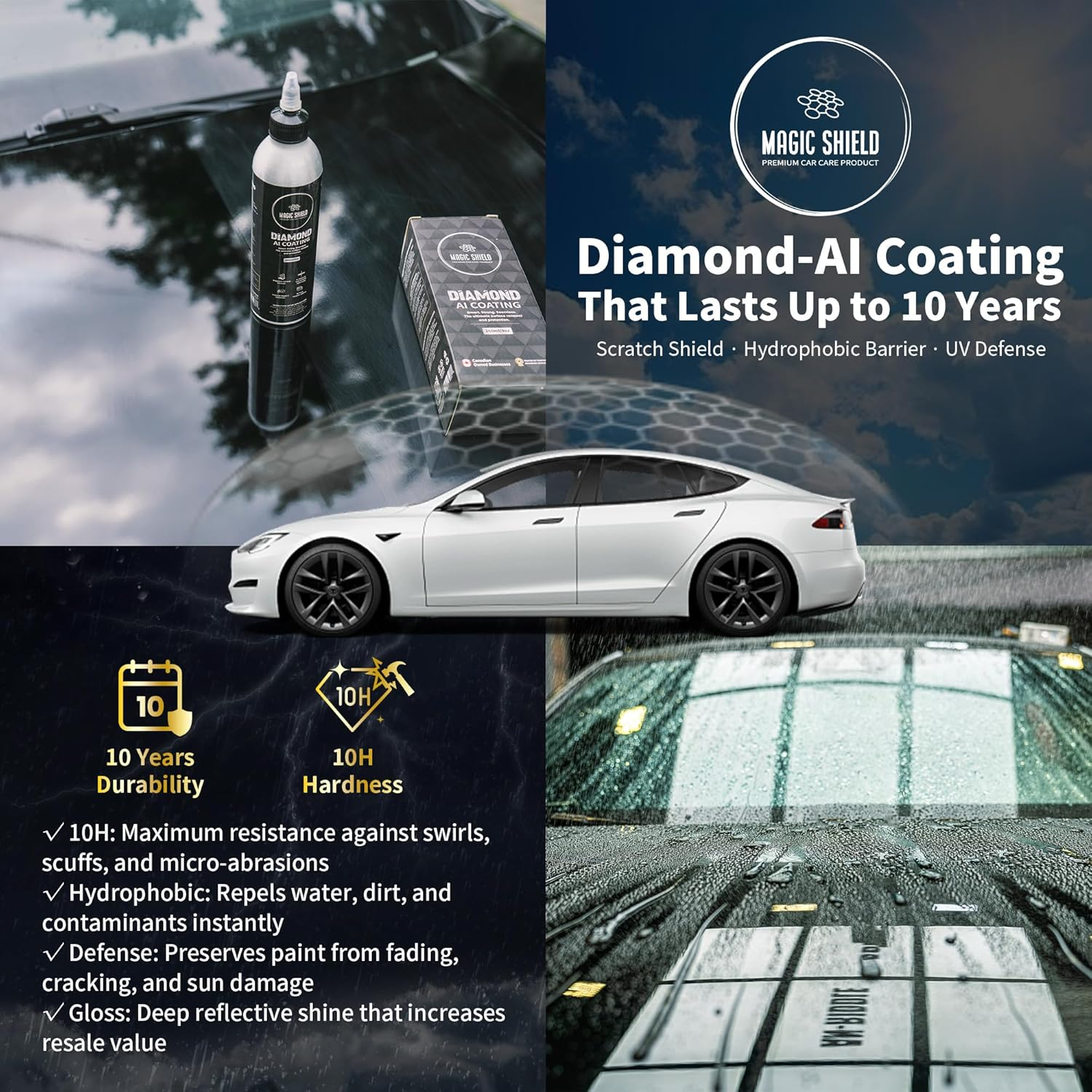 Magic Shield Diamond AI Coating &ndash; Graphene Liquid Self-Leveling Techology | Repairs & Protects | Last for 10 Years | High-Gloss Shine | Hydrophobic & Scratch-Resistant | for Car Paint, Headlights ONLY image number 3