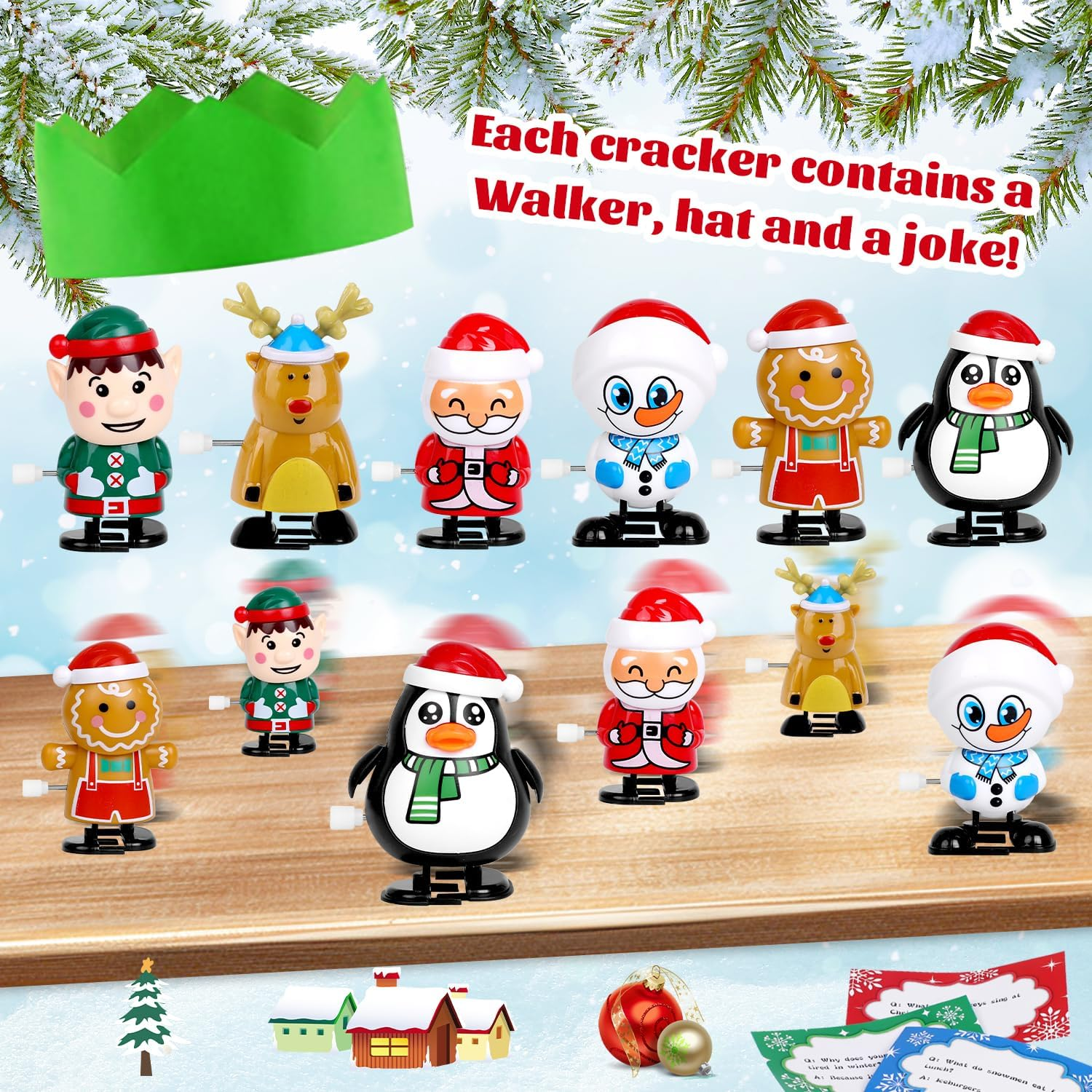 VEYLIN Christmas Crackers, 6 Pack Christmas No-Snap Crackers Crackers for Kids Party Table Favor with Wind up Toys, Party Hat & Joke Christmas Seasonal Holiday Dinner Traditions image number 3