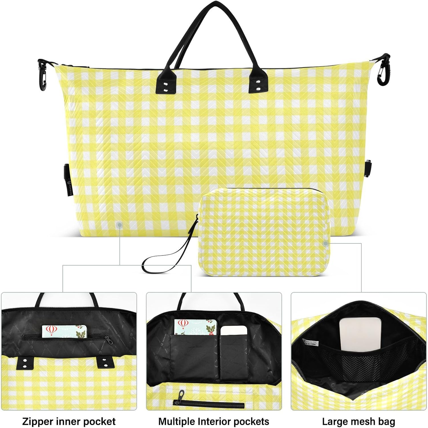 Luggage Travel Bag Carry on Weekend Bag Gingham Yellow Buffalo Plaid Tartan Check Scotland Gym Sports Duffel Bags With, Gingham Yellow Buffalo Plaid Tartan Check Scotland, Set of 2, Art Deco