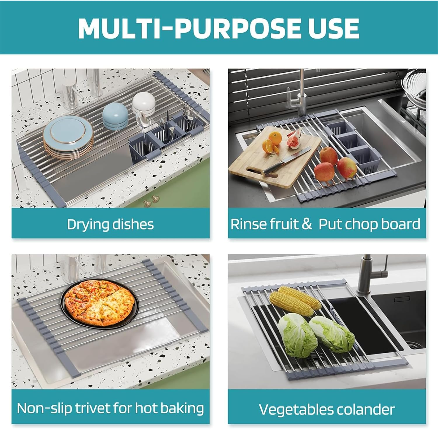 Dish Drying Rack, over the Sink Dish Drainer - Foldable, Anti-Slip & Anti-Rust - 32 * 58CM image number 1