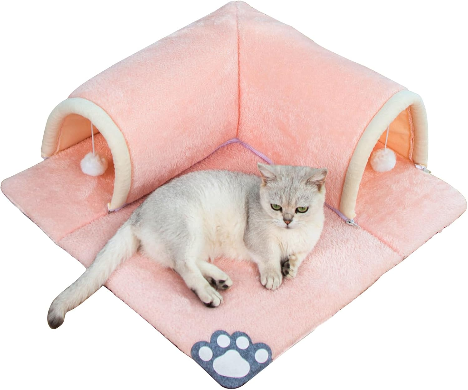 Cat Tunnel Bed, 2-In-1 Cat Play Tunnel with Carpet, Removable Kitten Pet Play Tube - Washable Kitten Cave Mat with Ball Toy, Cat Rug, 50 X 50 Cm (Pink) image number 5