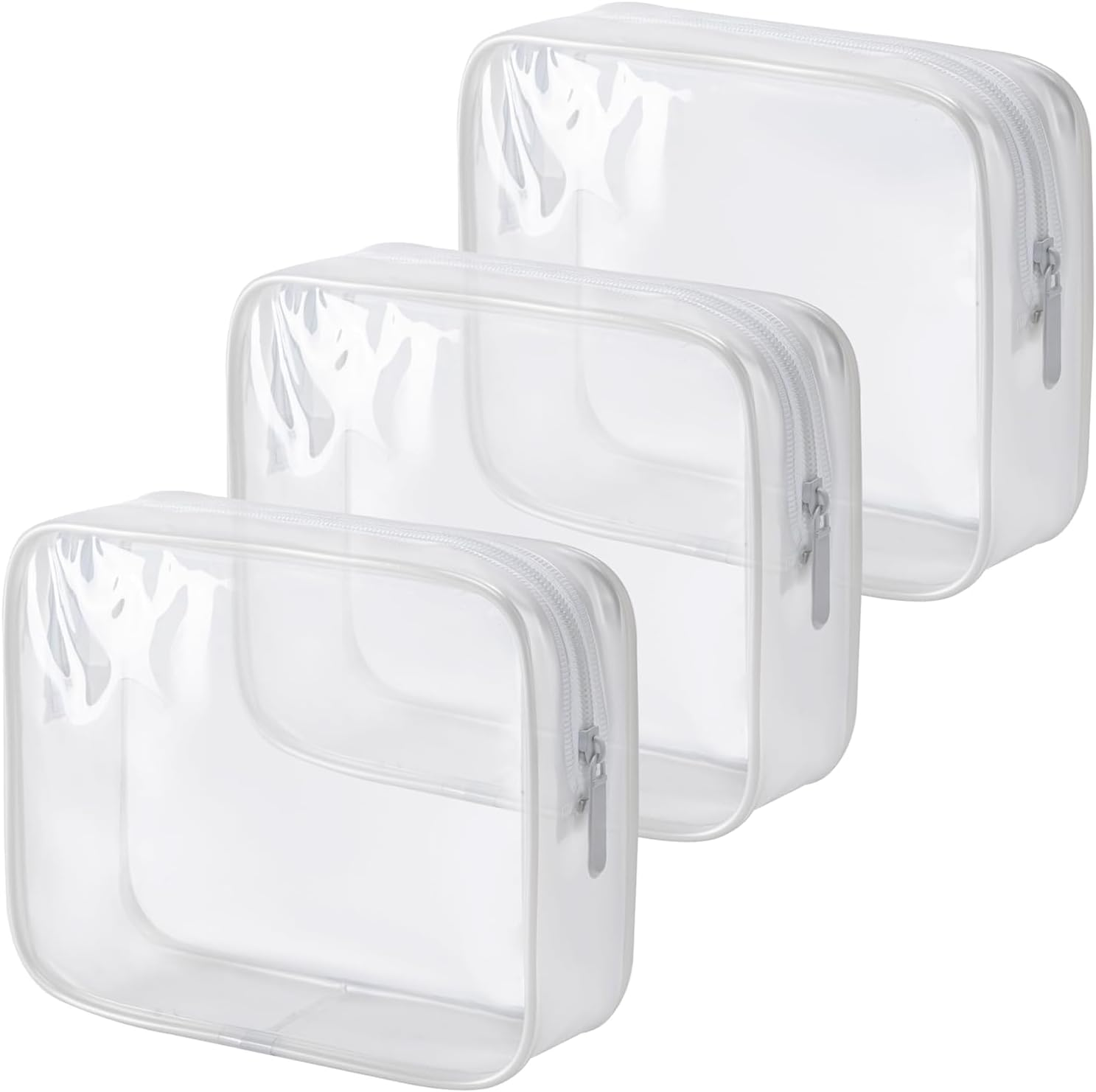 Shuoteng Clear Quart Size Portable Makeup Bags, 3Pcs Clear PVC Zipped Toiletry Pouches, White PVC Quart Size Cosmetic Makeup Bags with Zipper