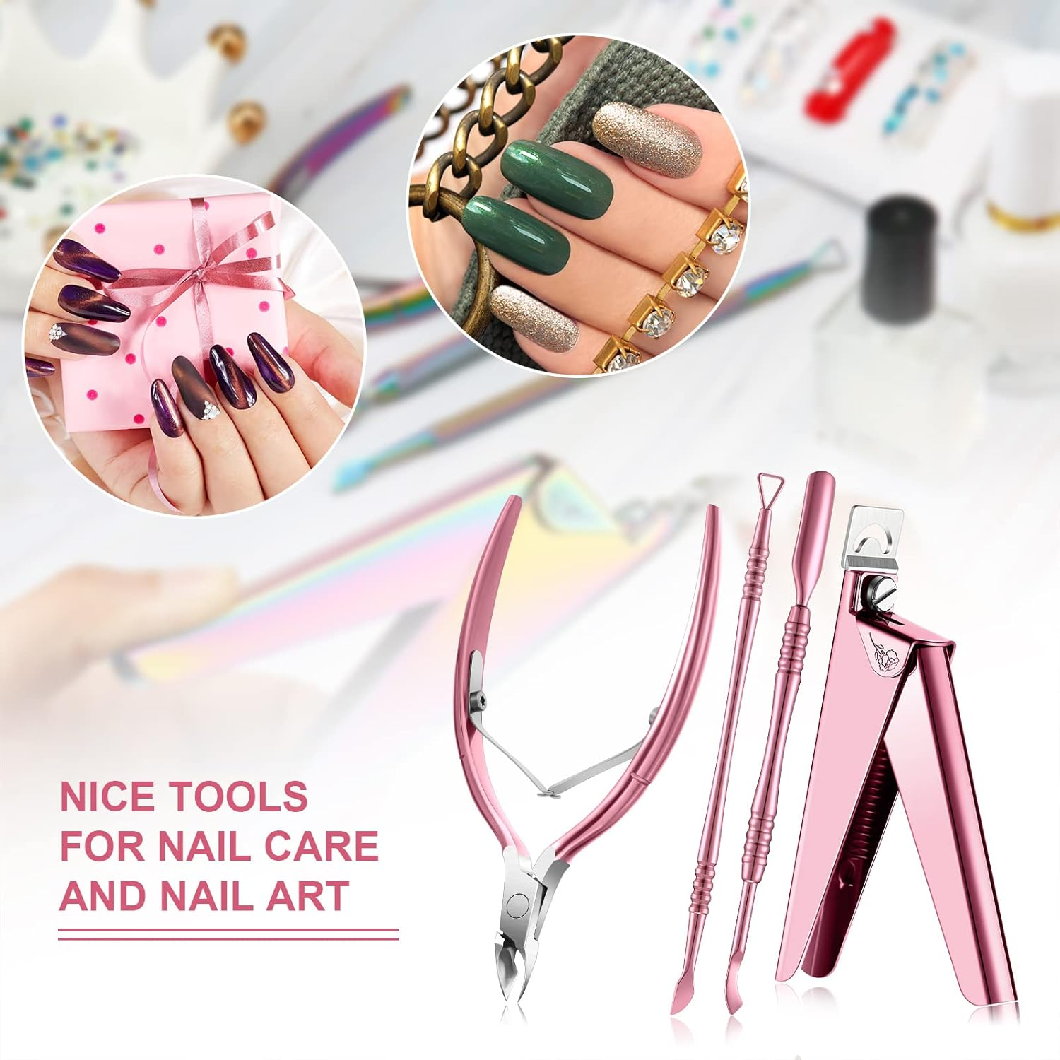Mudder Acrylic Nail Clippers Kit False Nails Tips Cutter Professional Cuticle Trimmer Nipper Cutter Pusher Remover Stainless Steel Manicure Pedicure Art Tools Set Salon Home(Pink Rose) - Green Color image number 7