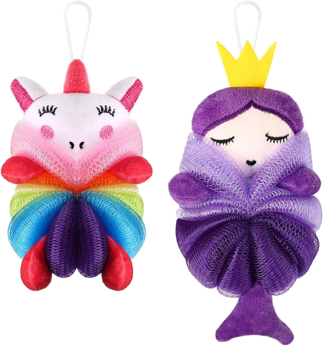 2 Pcs Bath Loofahs for Kids and Toddlers, Cute Cartoon Mesh Body Sponges, Gentle Shower Scrubber for Children, Exfoliating Pouf (Unicorn, Princess) image number 3