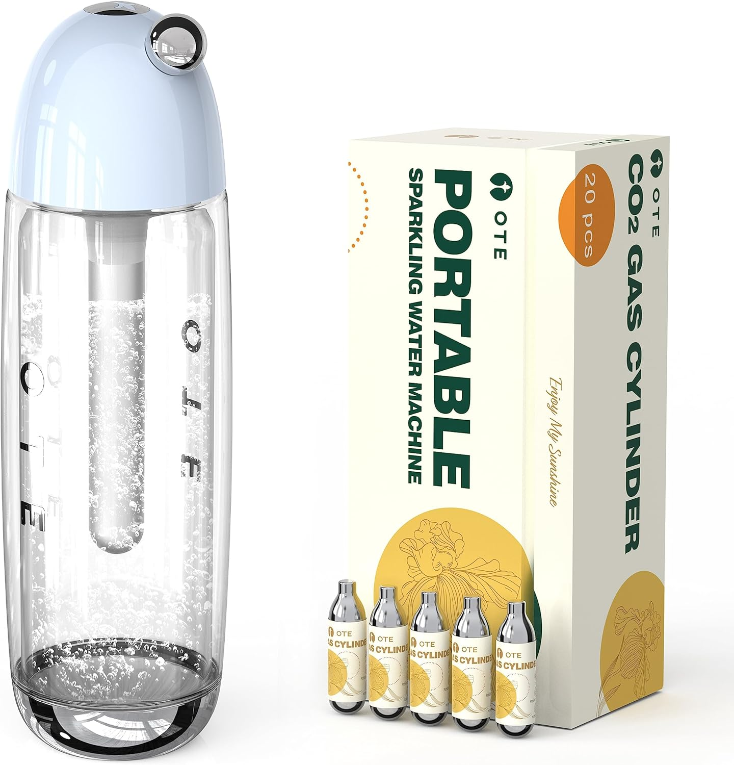 OTE Portable Sparkling Water Maker Soda Maker Machine for Home with 20PCS Cylinders 450Ml Personal Seltzer Carbonators Electroless Double Layer PET Bottle BPA Free Double Pressure Relief Valves-Blue